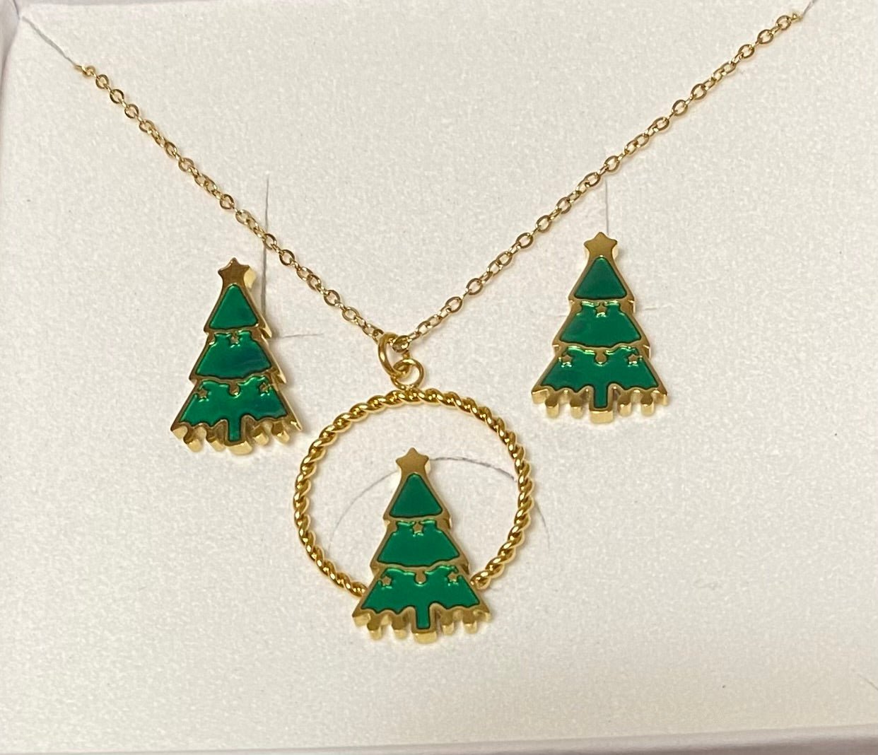 Modern Christmas Tree Necklace and Earrings Set in Gold Plate - Louise's Jewellery Box