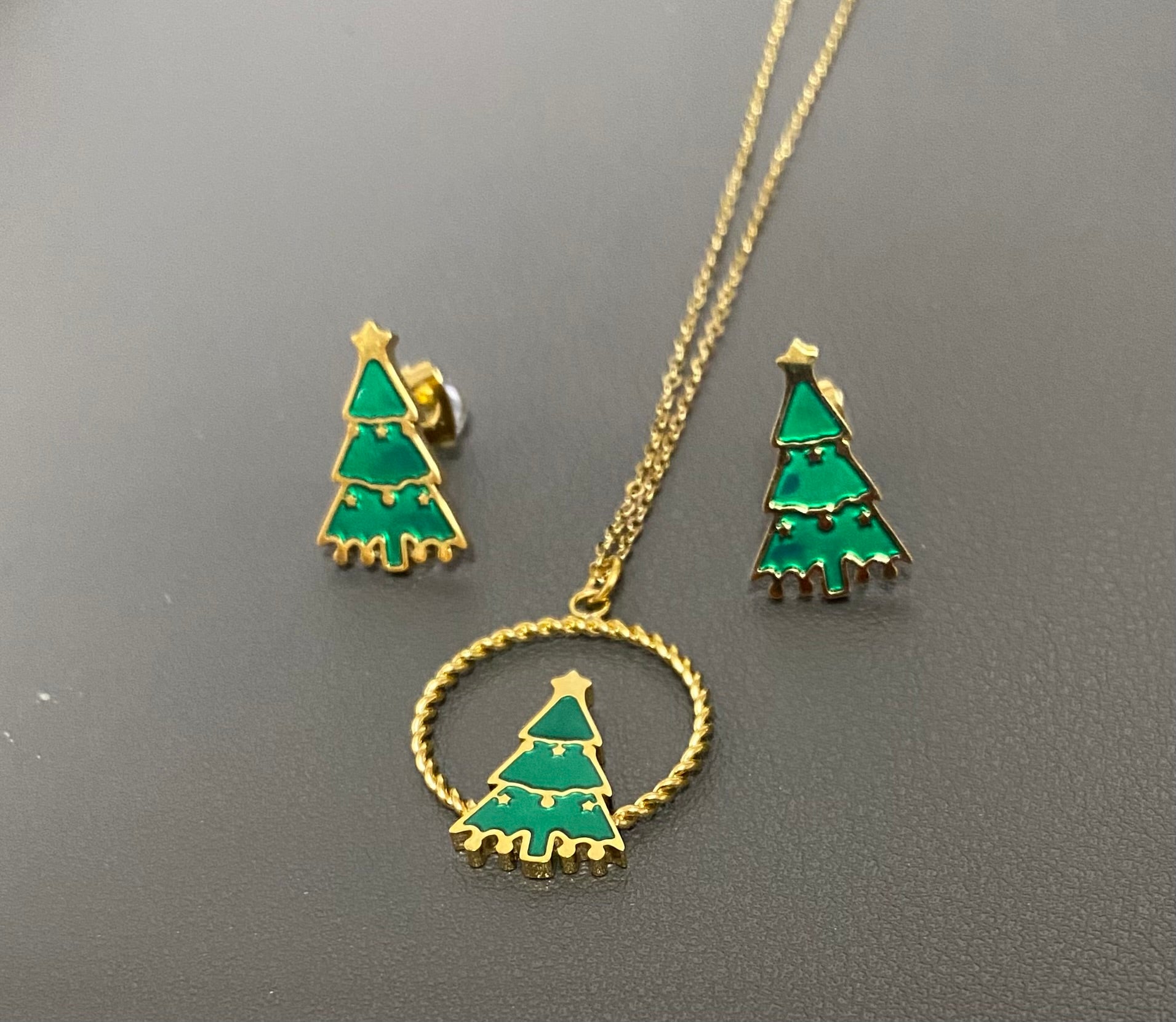 Modern Christmas Tree Necklace and Earrings Set in Gold Plate - Louise's Jewellery Box