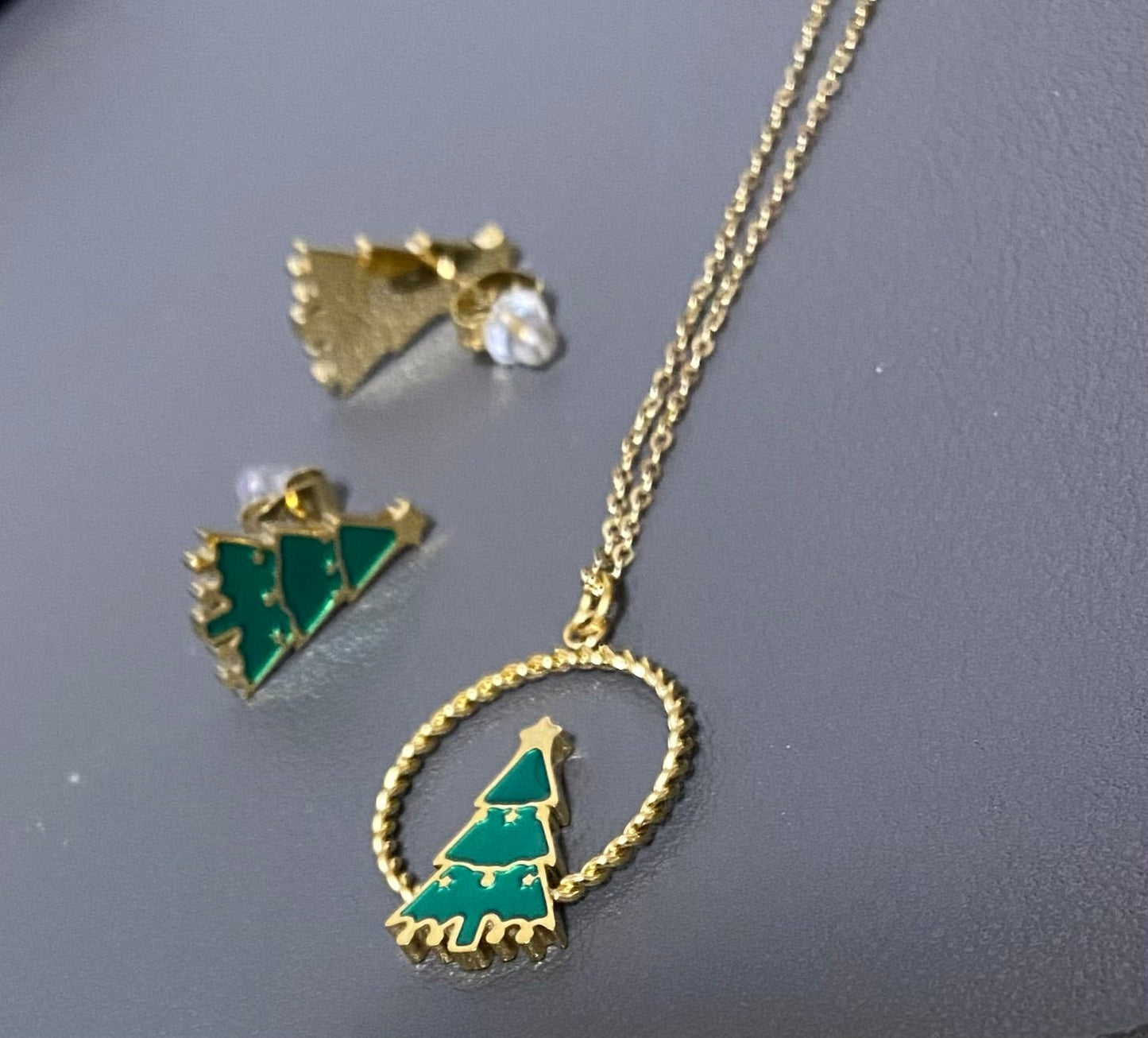 Modern Christmas Tree Necklace and Earrings Set in Gold Plate - Louise's Jewellery Box
