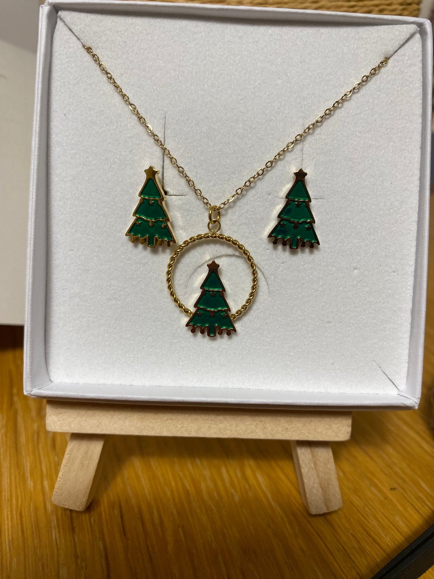 Modern Christmas Tree Necklace and Earrings Set in Gold Plate - Louise's Jewellery Box