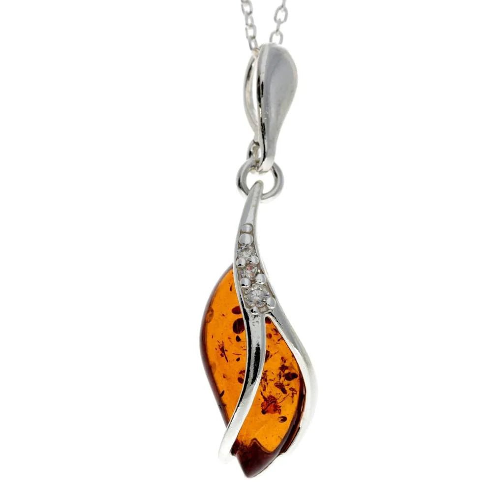 Modern Drop Pendant in Sterling Silver with CZ and Cognac Baltic Amber - Louise's Jewellery Box