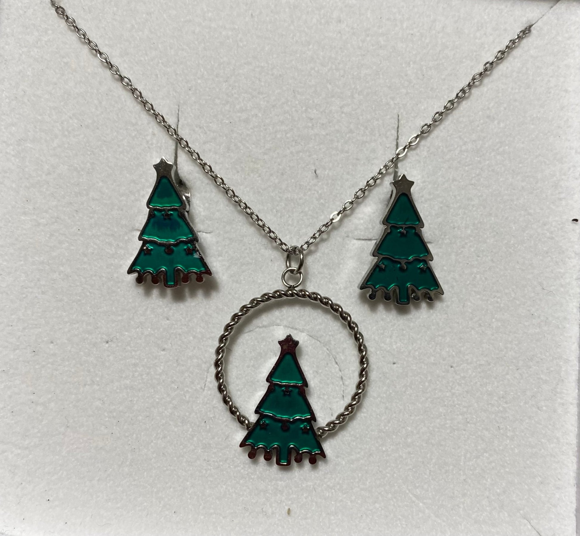 Modern Green Christmas Tree Necklace and Earring Set in Stainless Steel - Louise's Jewellery Box