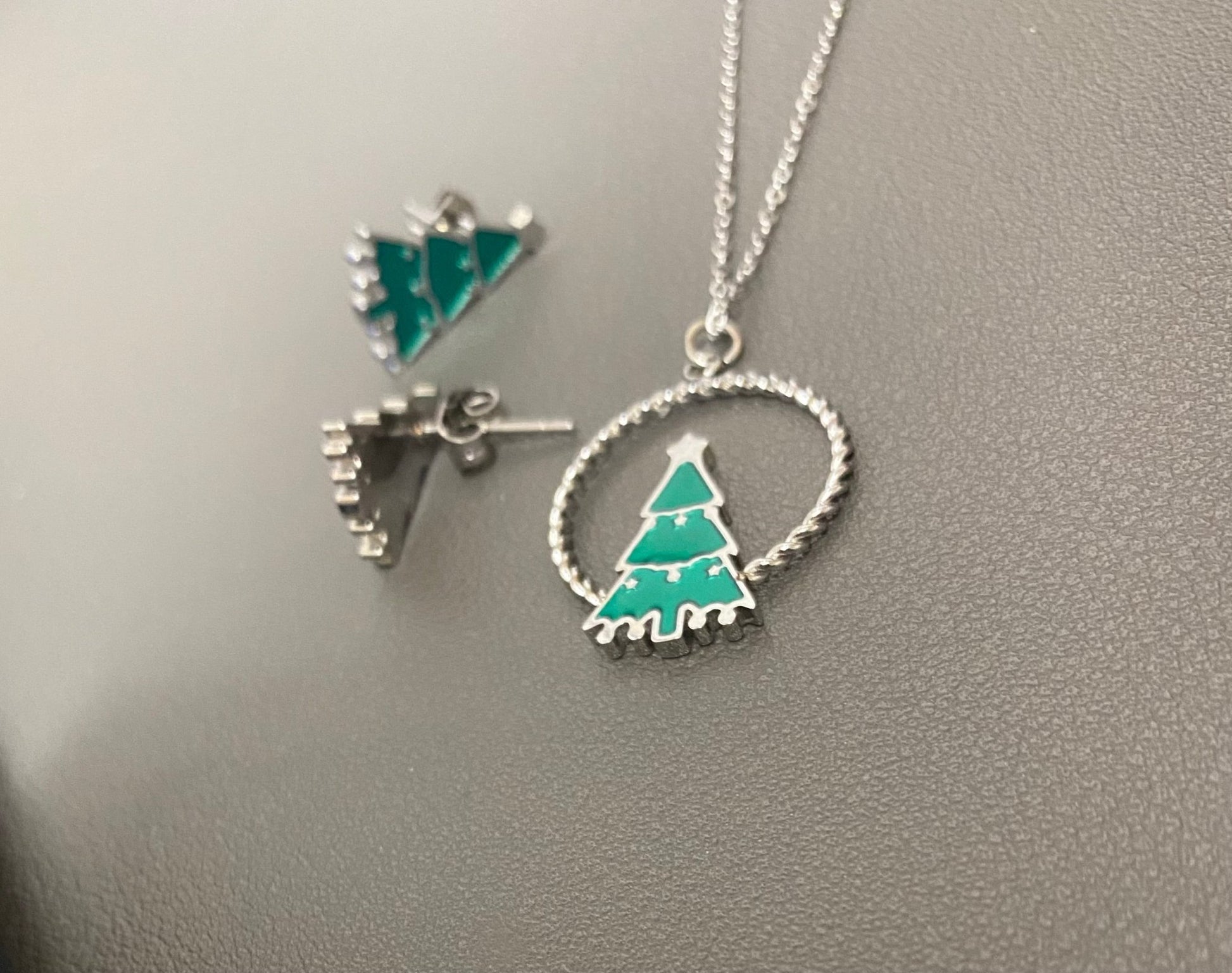 Modern Green Christmas Tree Necklace and Earring Set in Stainless Steel - Louise's Jewellery Box