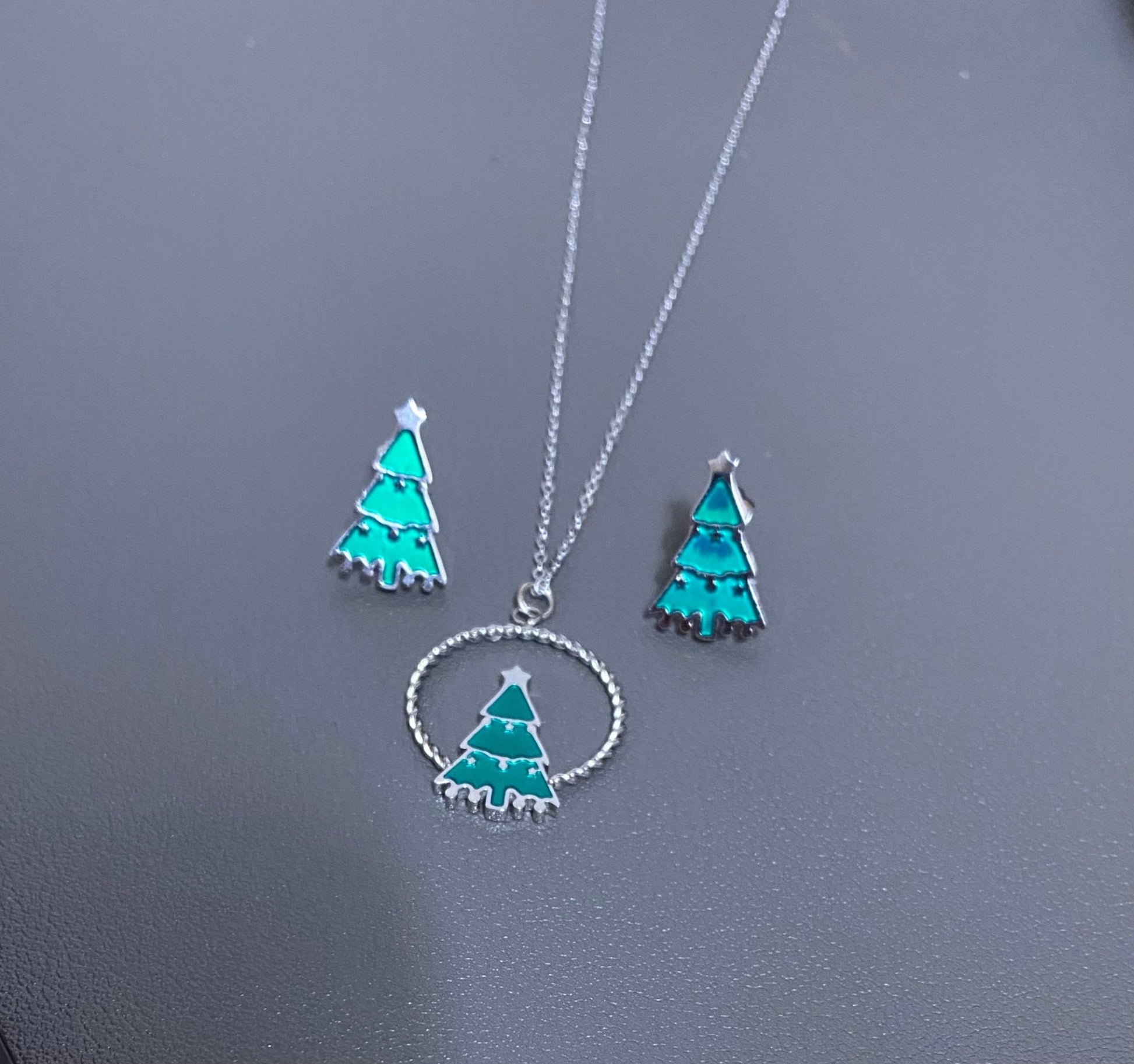 Modern Green Christmas Tree Necklace and Earring Set in Stainless Steel - Louise's Jewellery Box