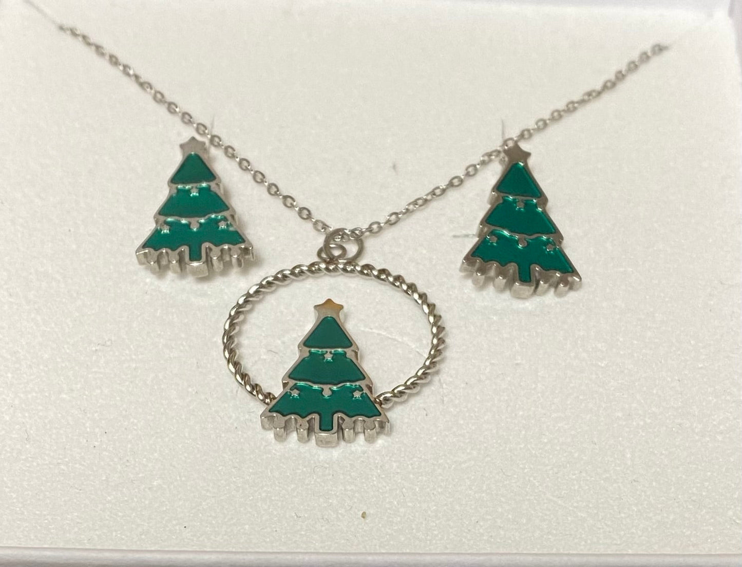 Modern Green Christmas Tree Necklace and Earring Set in Stainless Steel - Louise's Jewellery Box