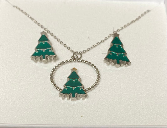 Modern Green Christmas Tree Necklace and Earring Set in Stainless Steel - Louise's Jewellery Box
