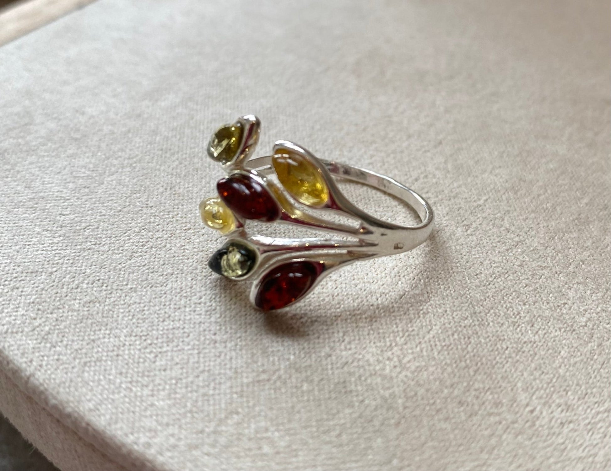 Modern Petal Design Sterling Silver Ring with Multicolour Baltic Amber - Louise's Jewellery Box