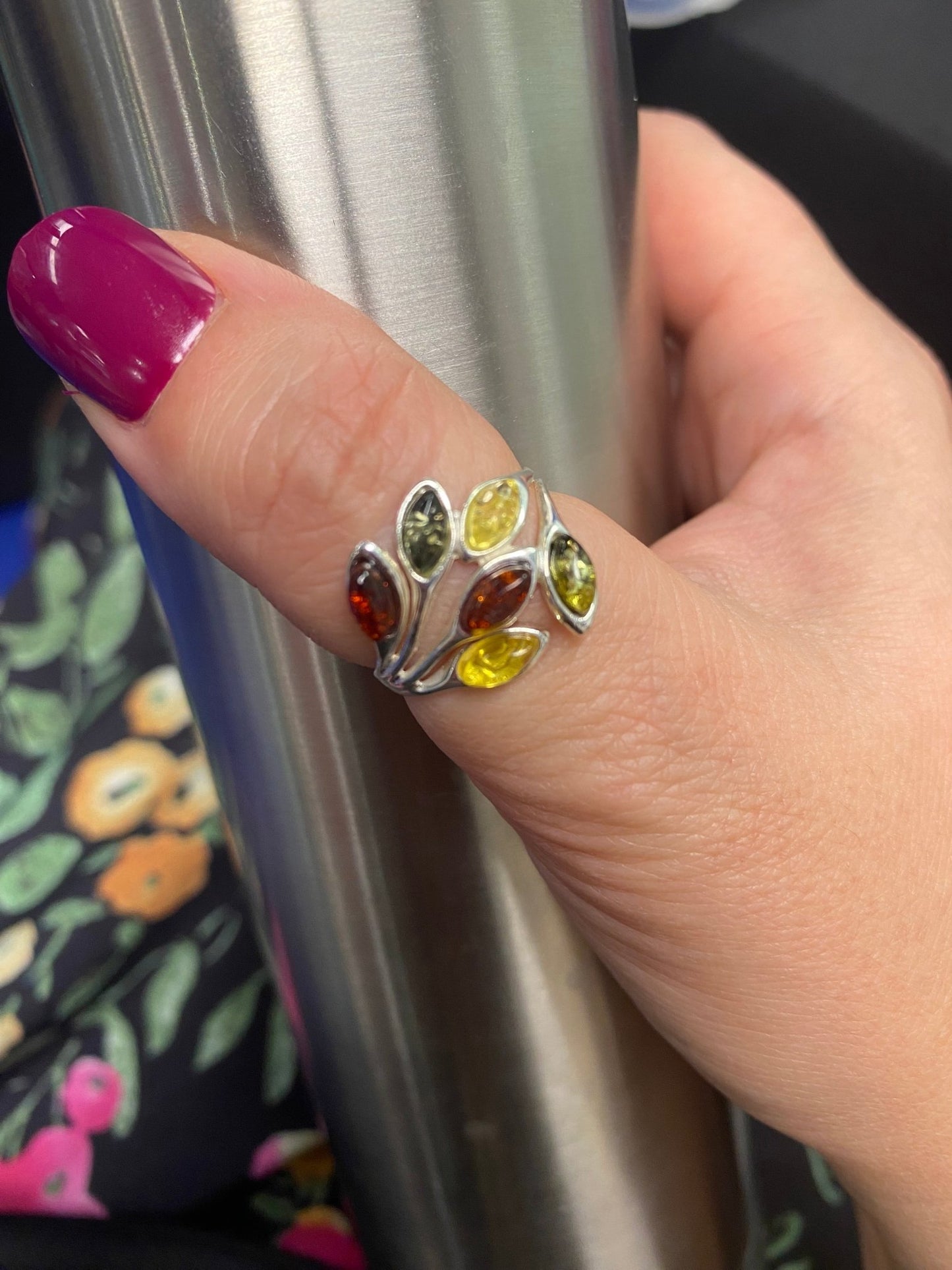 Modern Petal Design Sterling Silver Ring with Multicolour Baltic Amber - Louise's Jewellery Box