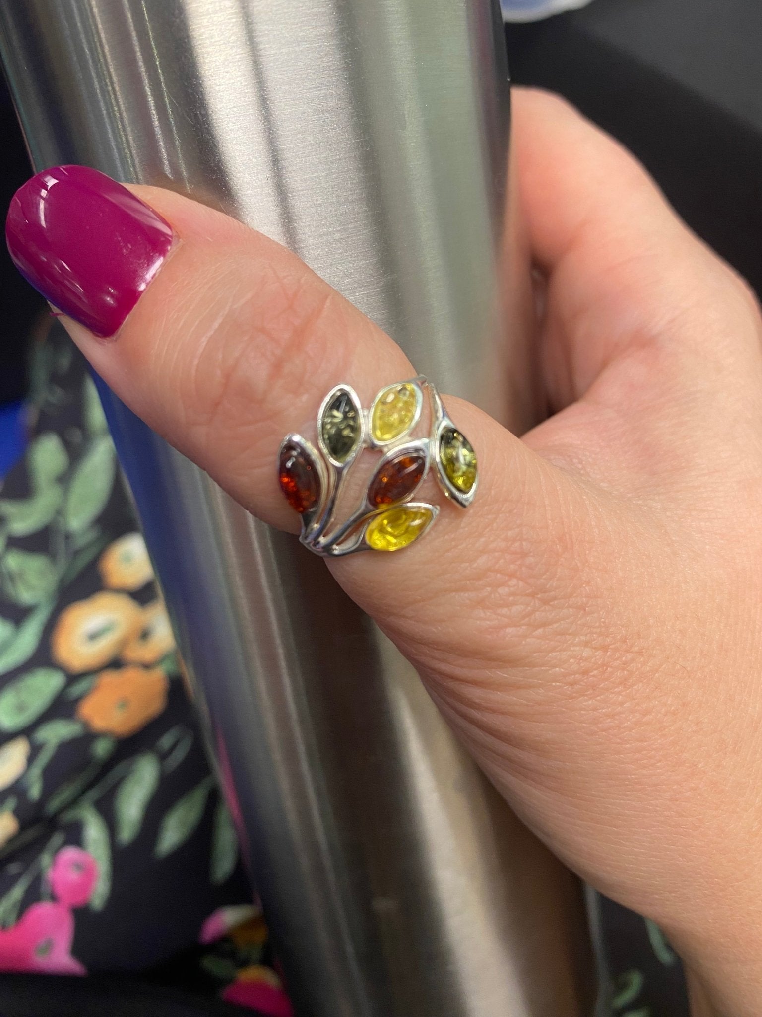 Modern Petal Design Sterling Silver Ring with Multicolour Baltic Amber - Louise's Jewellery Box