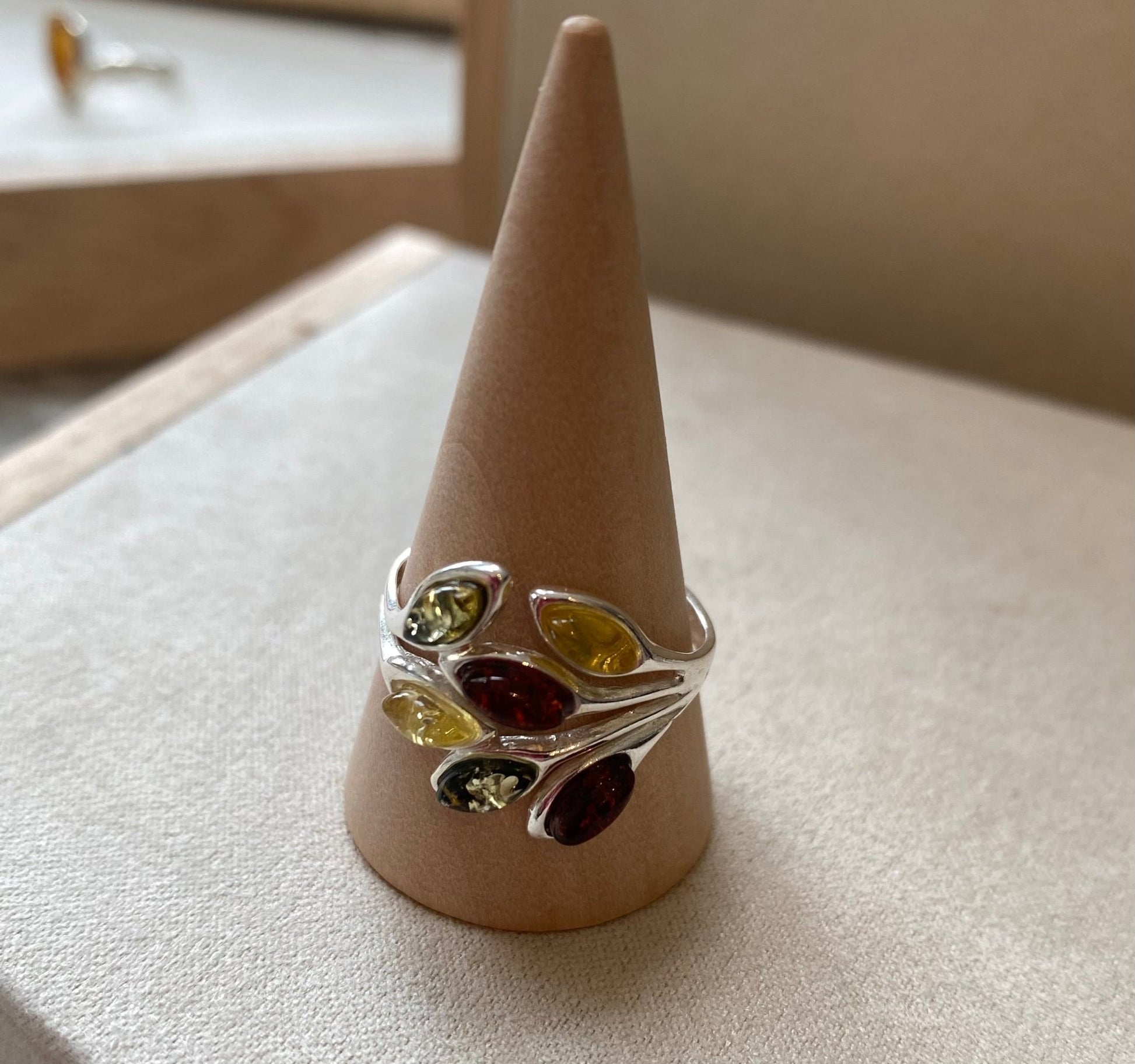 Modern Petal Design Sterling Silver Ring with Multicolour Baltic Amber - Louise's Jewellery Box