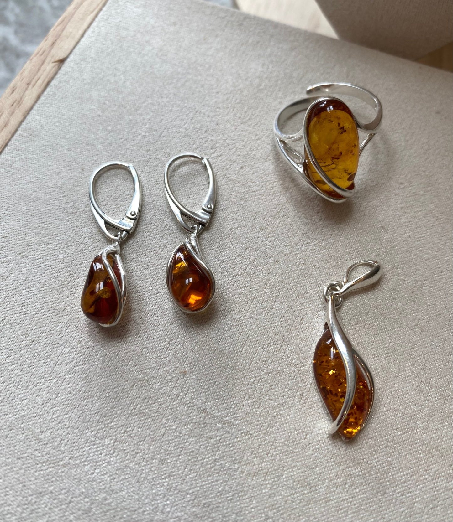 Modern Teardrop Drop Earrings in Sterling Silver and Cognac Baltic Amber - Louise's Jewellery Box