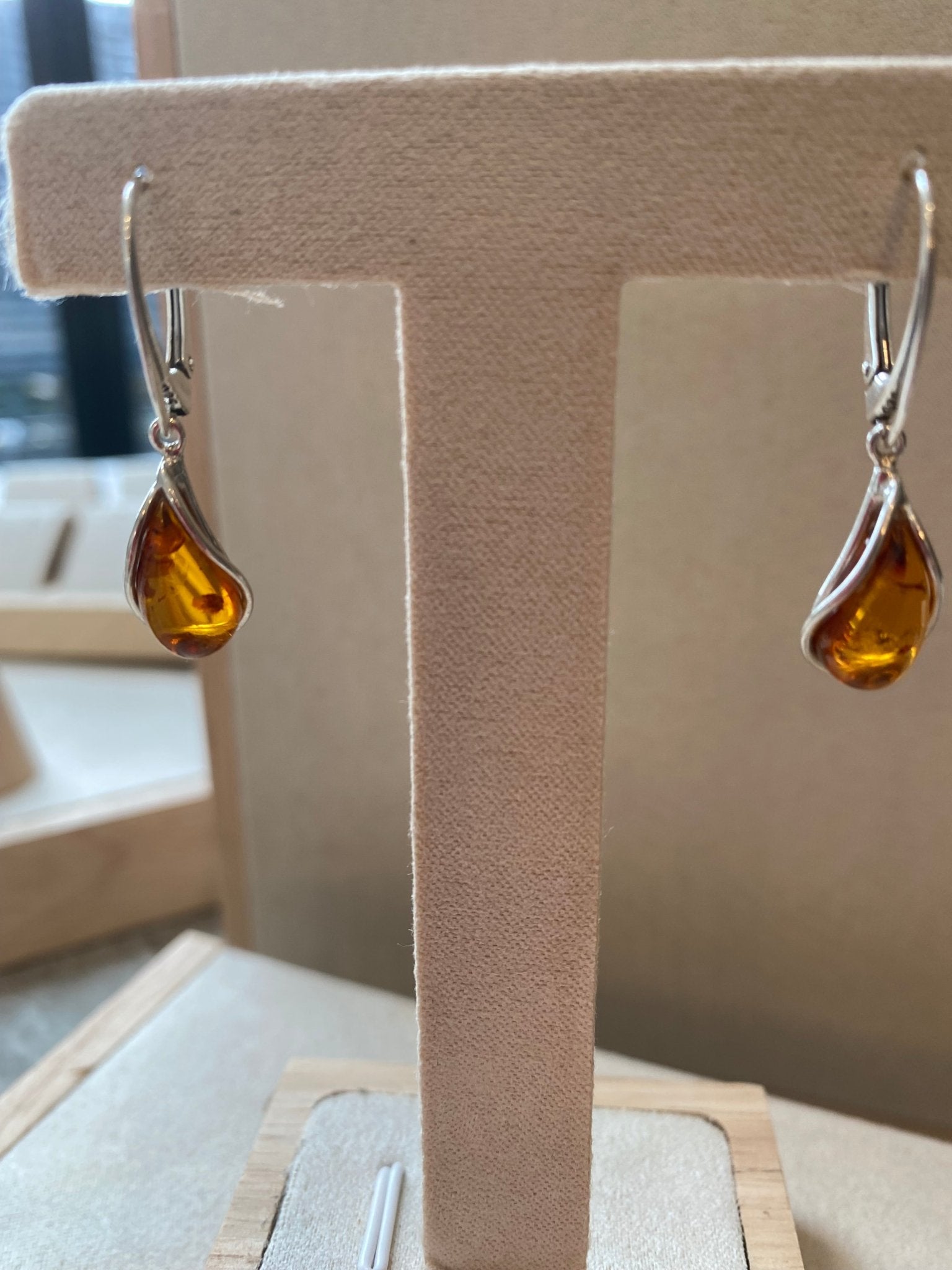 Modern Teardrop Drop Earrings in Sterling Silver and Cognac Baltic Amber - Louise's Jewellery Box