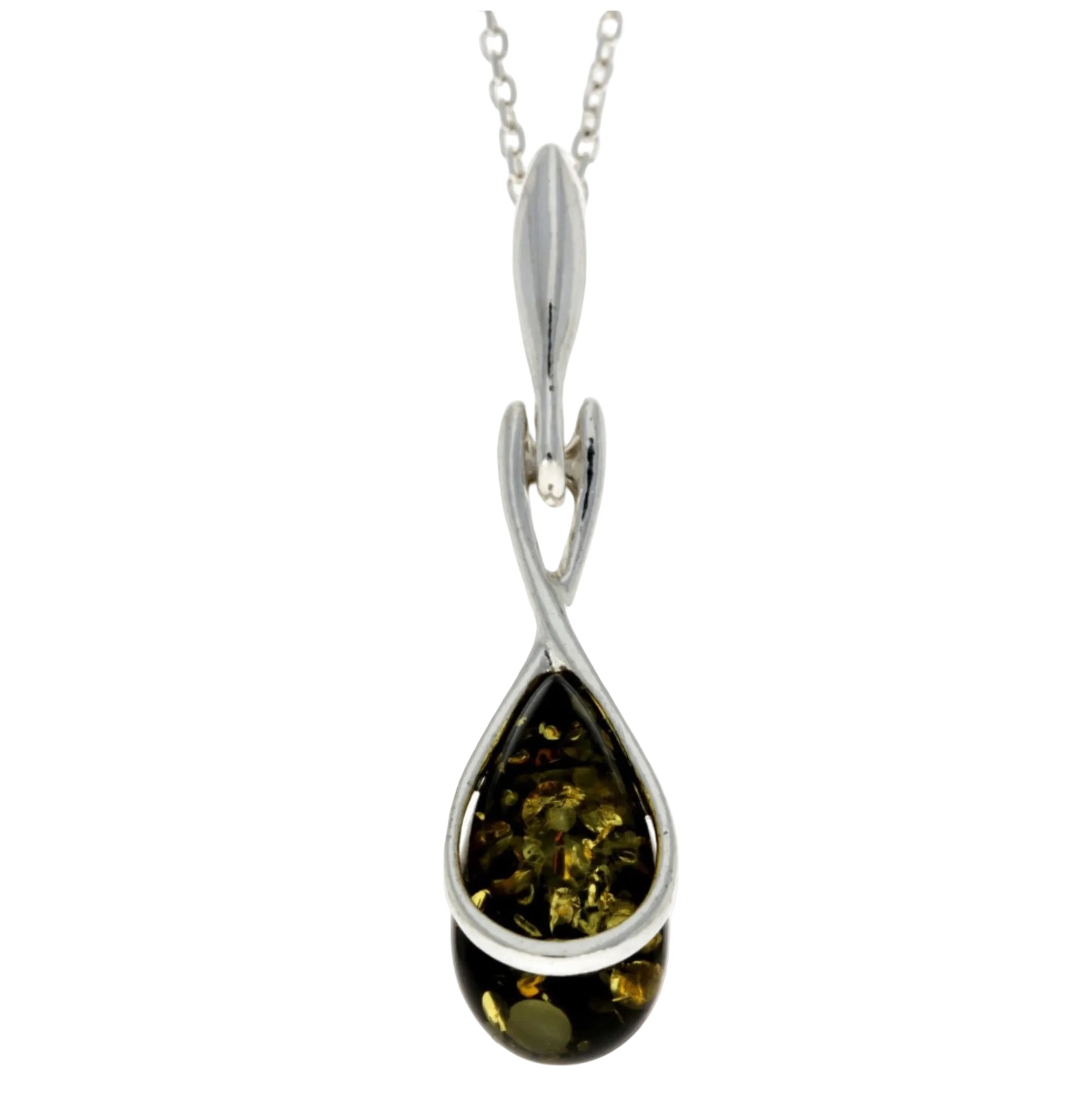 Green Baltic amber modern teardrop pendant in sterling silver frame

