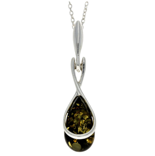 Green Baltic amber modern teardrop pendant in sterling silver frame

