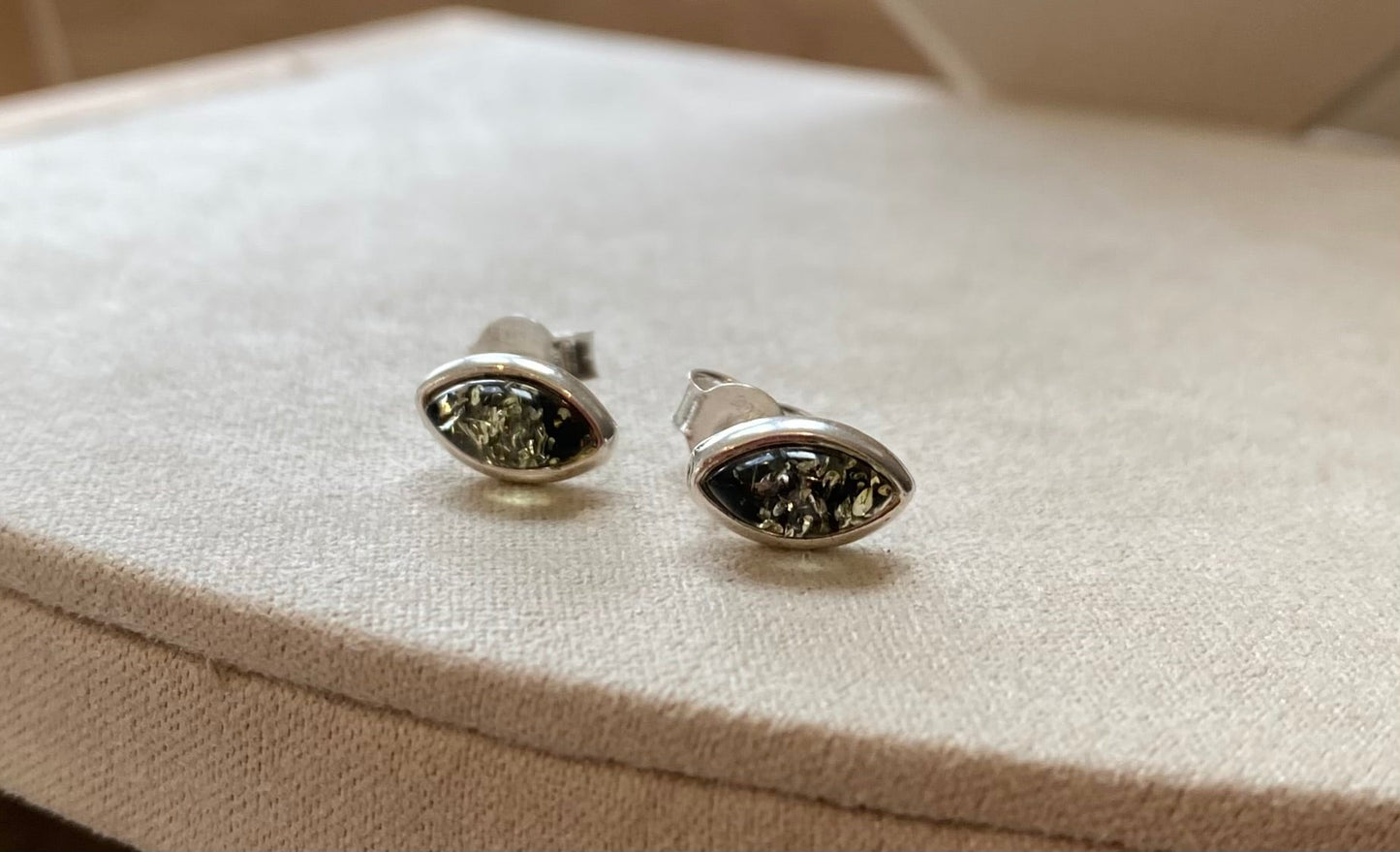 Oval Stud Earrings in Sterling Silver with Green Baltic Amber - Louise's Jewellery Box