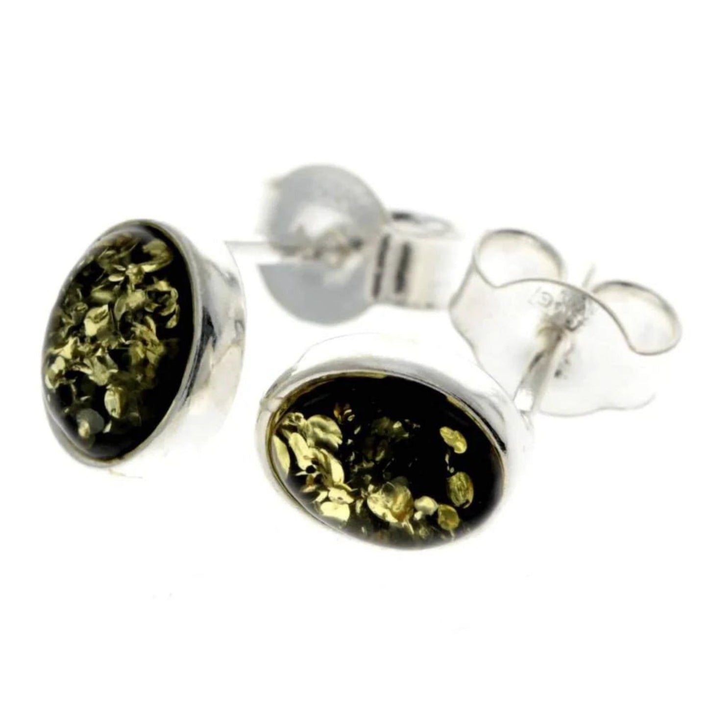Close-up of oval green Baltic amber stones in 925 sterling silver stud earrings

