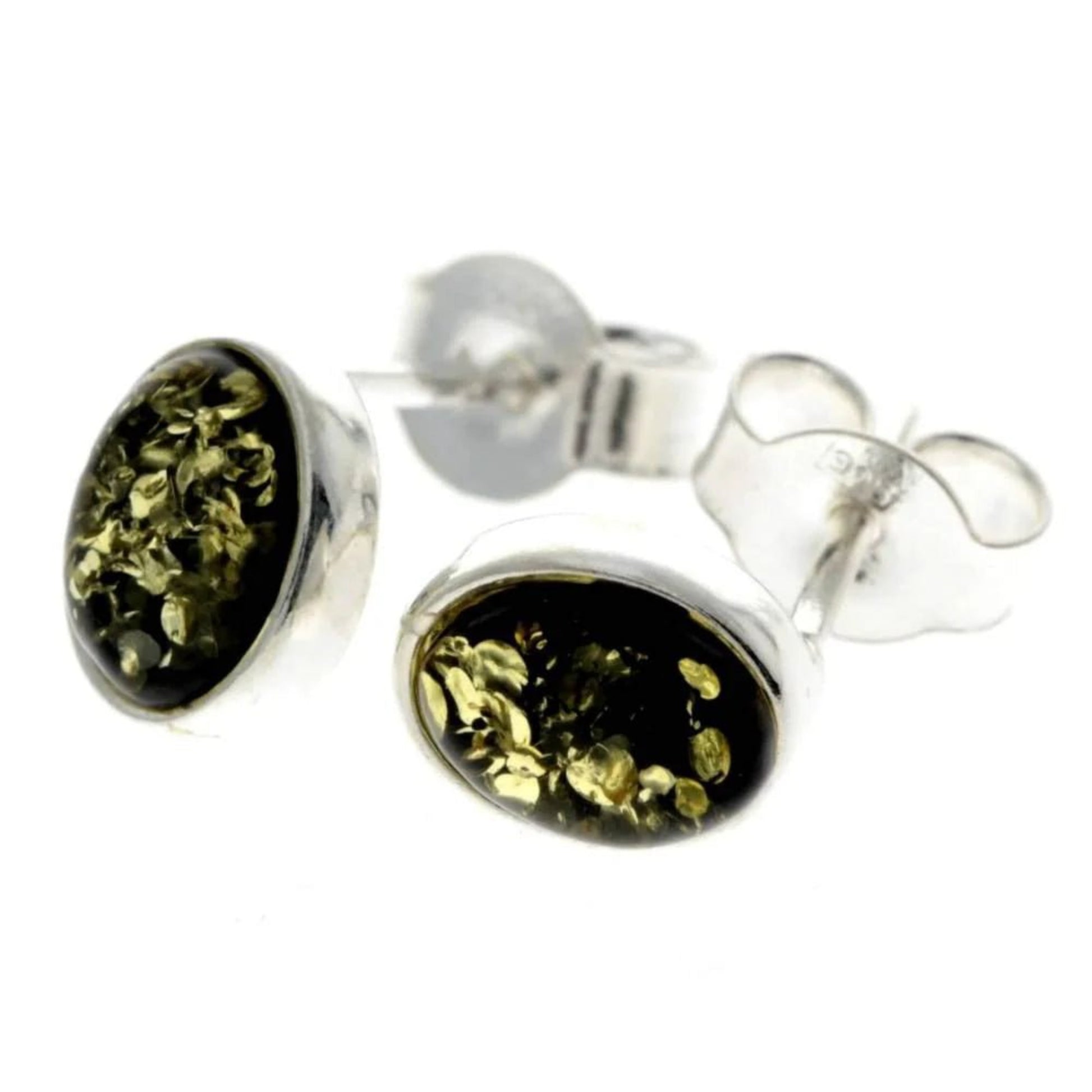 Close-up of oval green Baltic amber stones in 925 sterling silver stud earrings

