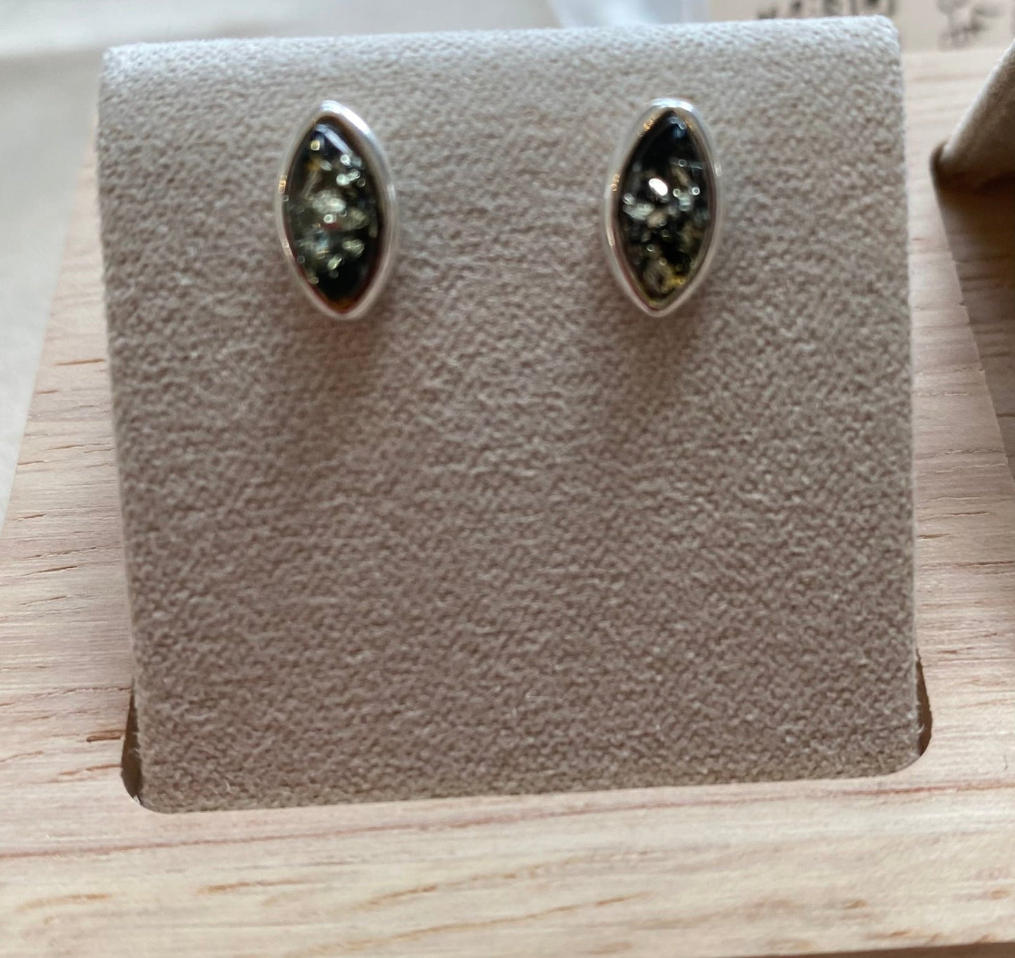 Oval Stud Earrings in Sterling Silver with Green Baltic Amber - Louise's Jewellery Box