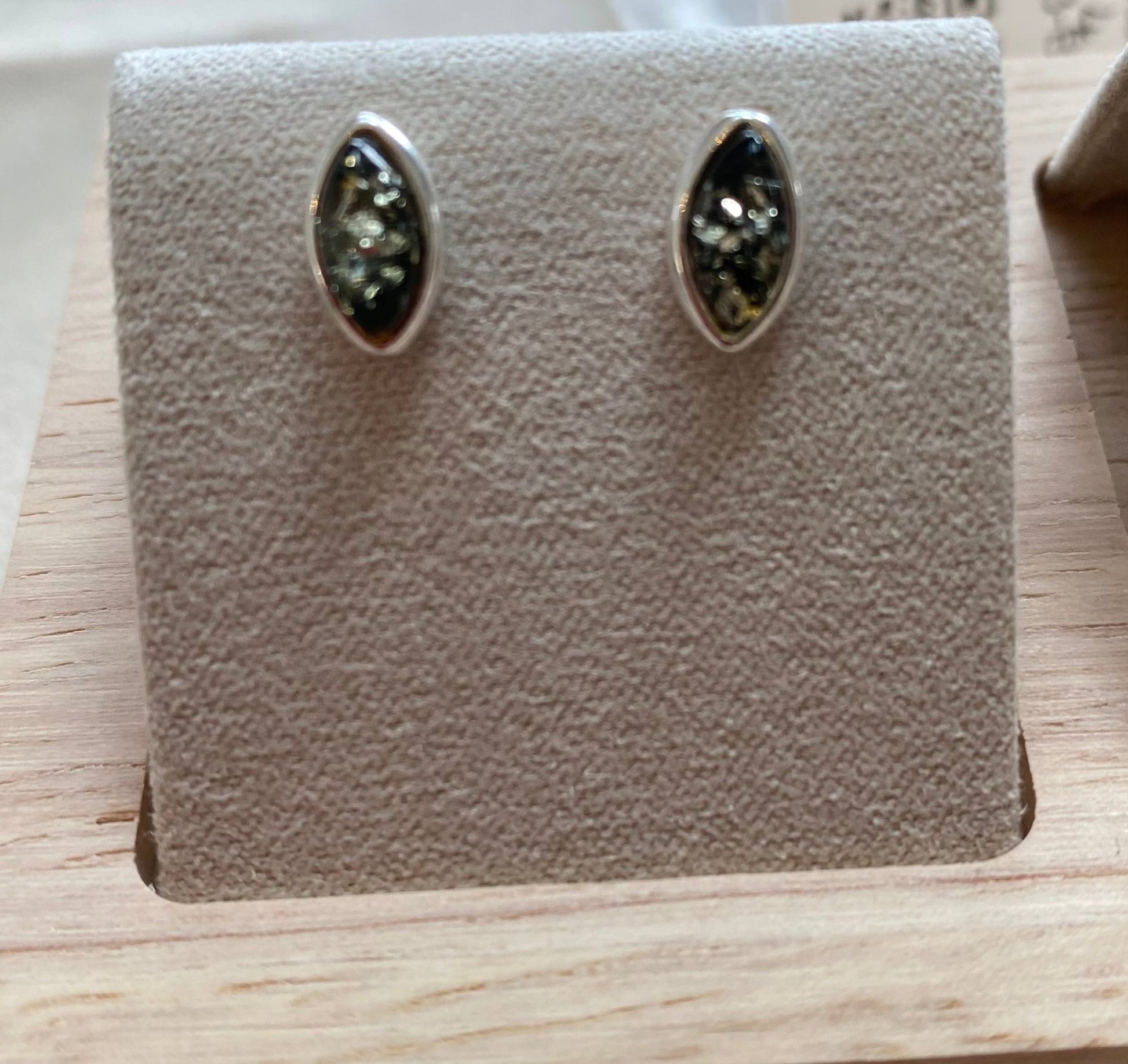 Oval Stud Earrings in Sterling Silver with Green Baltic Amber - Louise's Jewellery Box