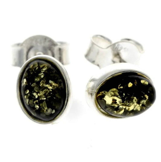 Green Baltic amber oval stud earrings in sterling silver with natural inclusions

