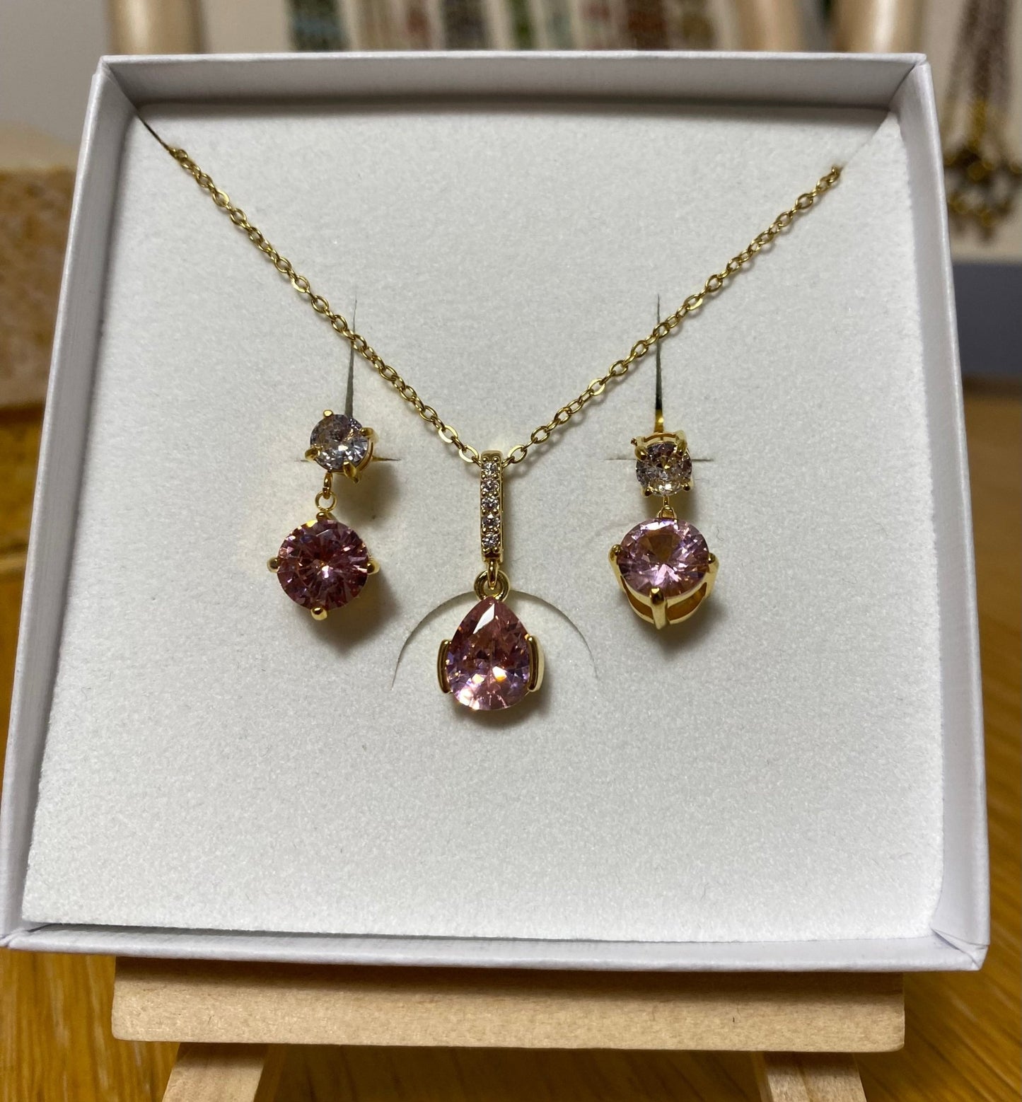 Pink and Clear Crystal Gold Plated Necklace and Earring Set - Louise's ...