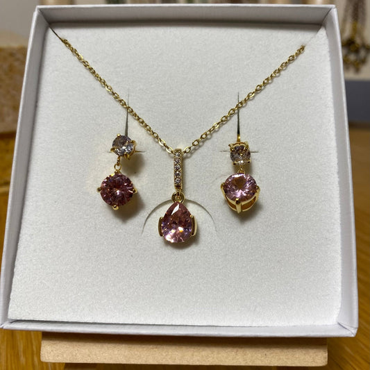 Pink and Clear Crystal Gold Plated Necklace and Earring Set - Louise's Jewellery Box