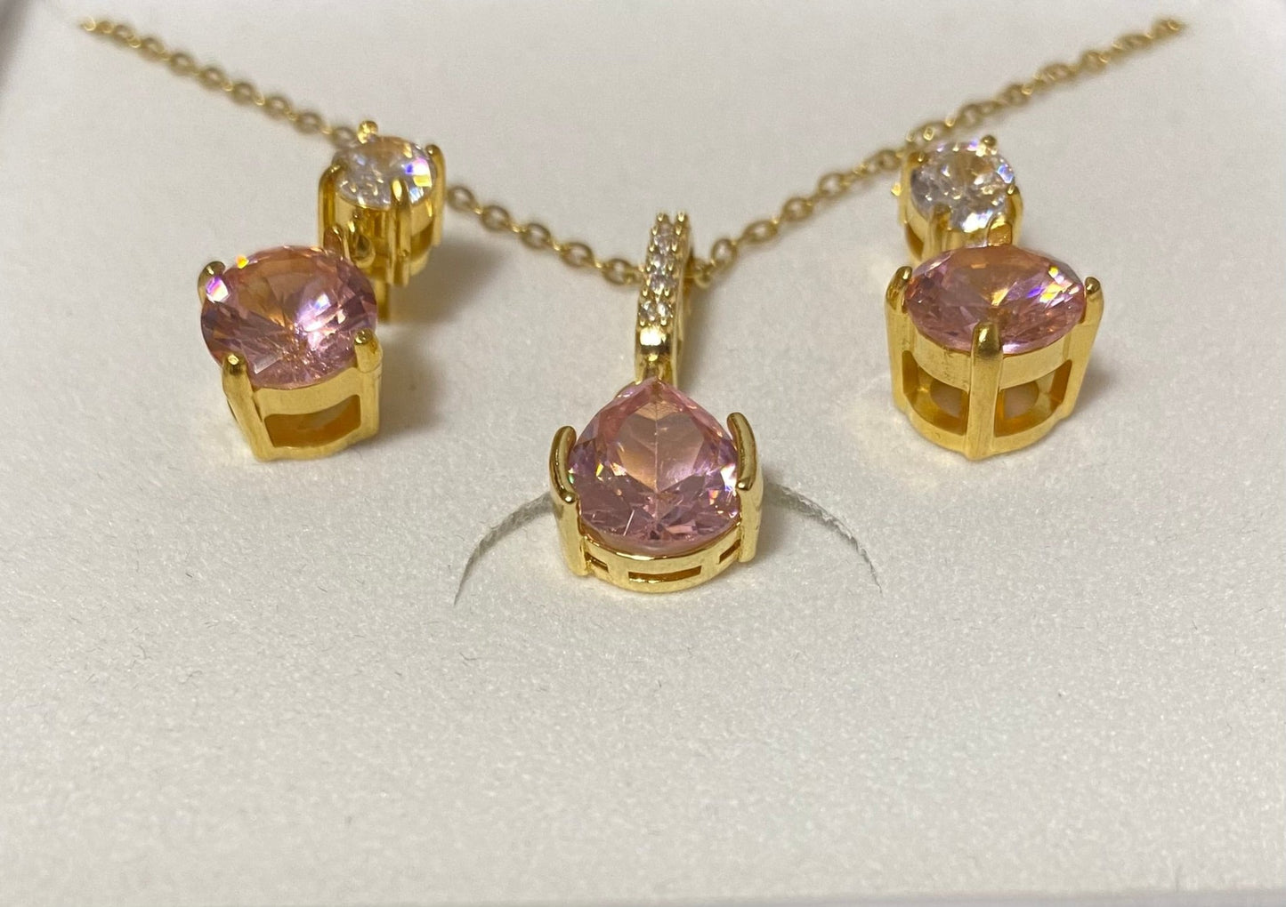Pink and Clear Crystal Gold Plated Necklace and Earring Set - Louise's Jewellery Box