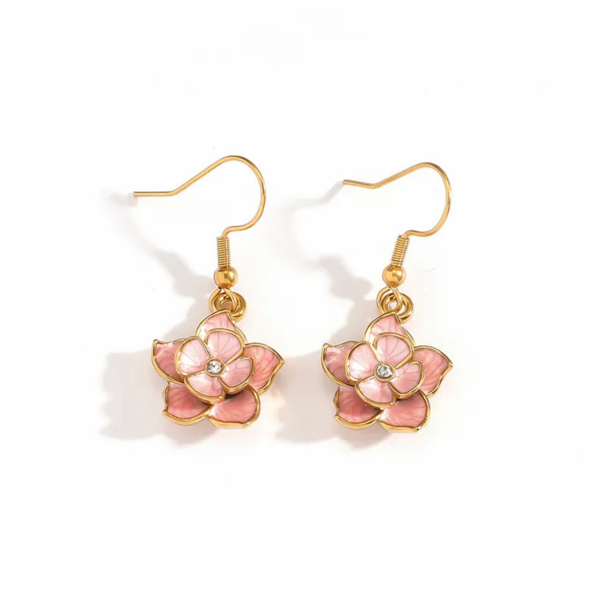 Pink Flower Waterproof Drop Earrings in Gold Plate - Louise's Jewellery Box