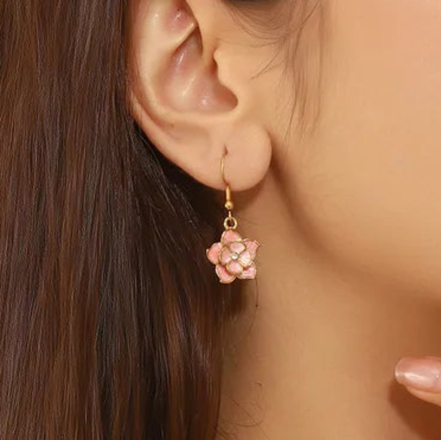 Pink Flower Waterproof Drop Earrings in Gold Plate - Louise's Jewellery Box