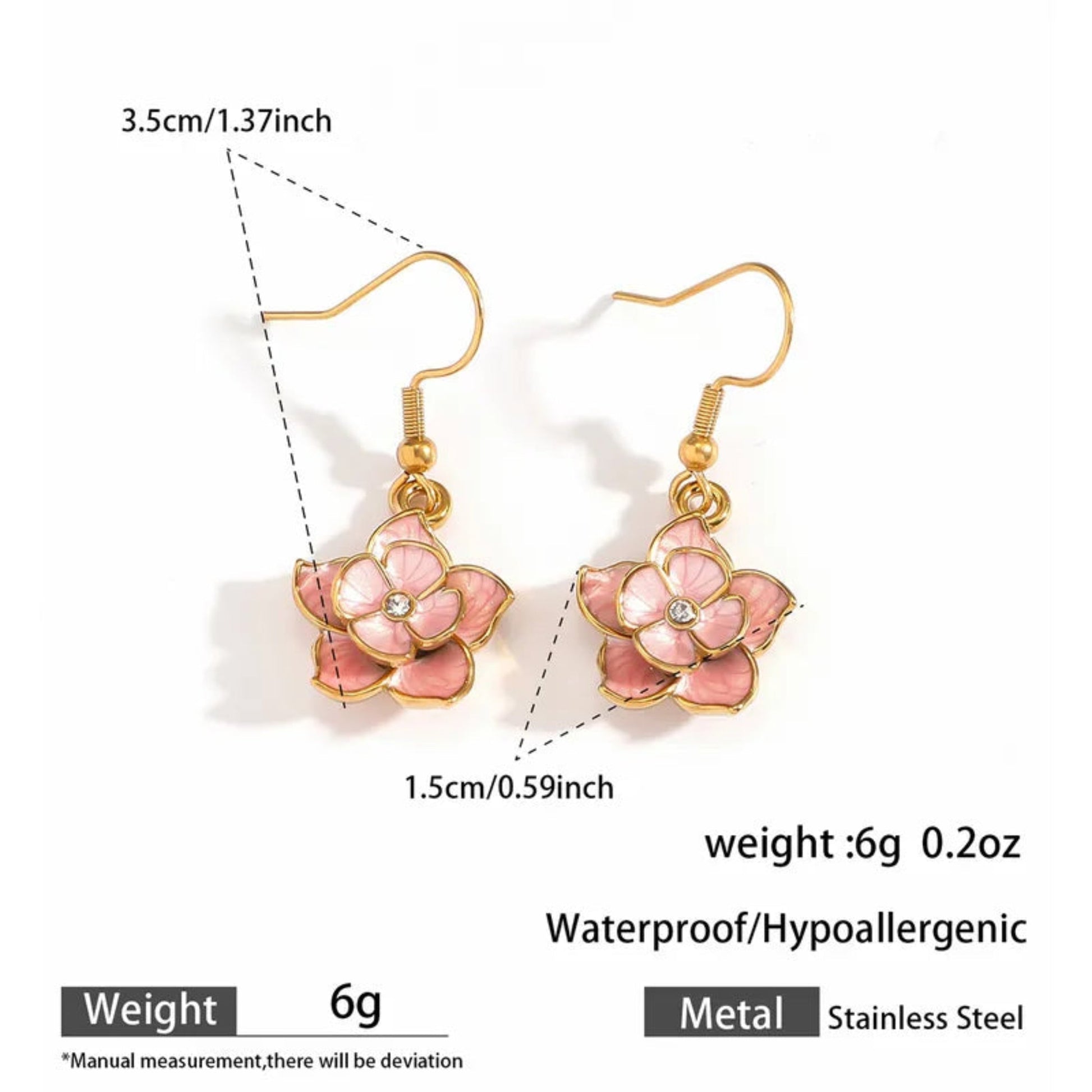Pink Flower Waterproof Drop Earrings in Gold Plate - Louise's Jewellery Box