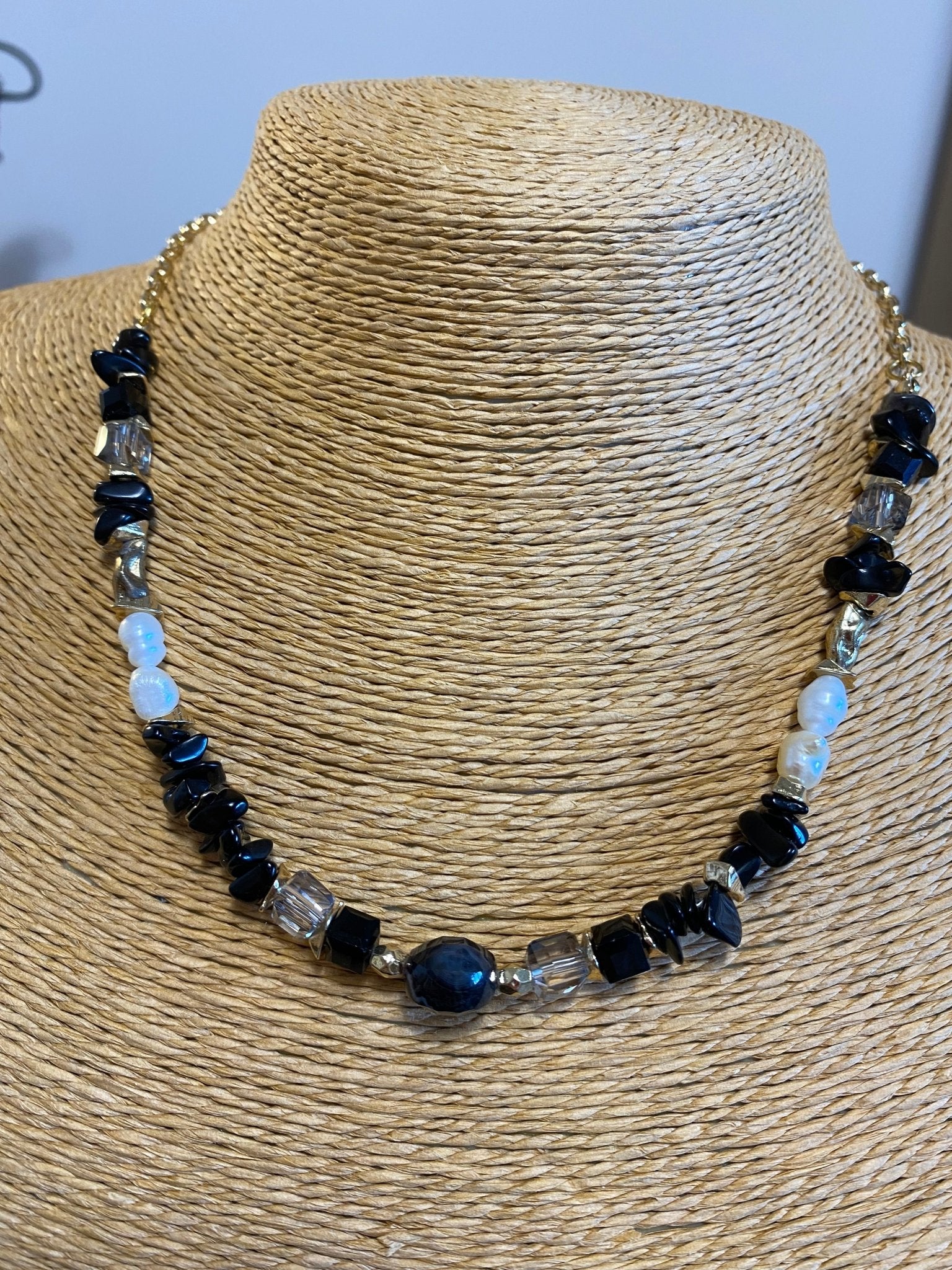 Short Black Onyx Necklace in Gold Plate with Freshwater Pearls - Louise's Jewellery Box