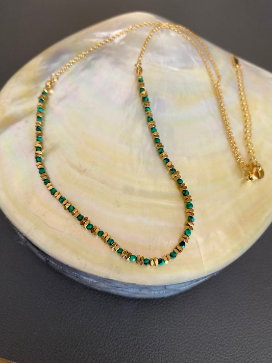 Short Gold Plated Necklace with Delicate Green Malachite beads - Louise's Jewellery Box
