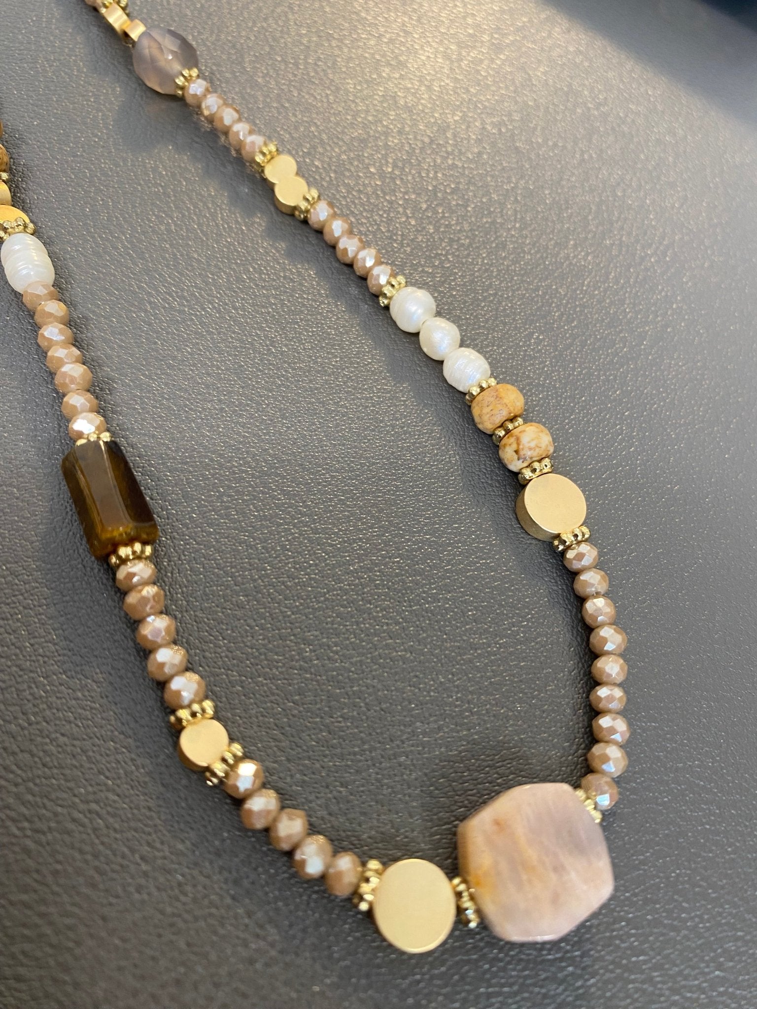 Short Tigers Eye, Agate and Pearl Necklace in Gold Plating - Louise's Jewellery Box