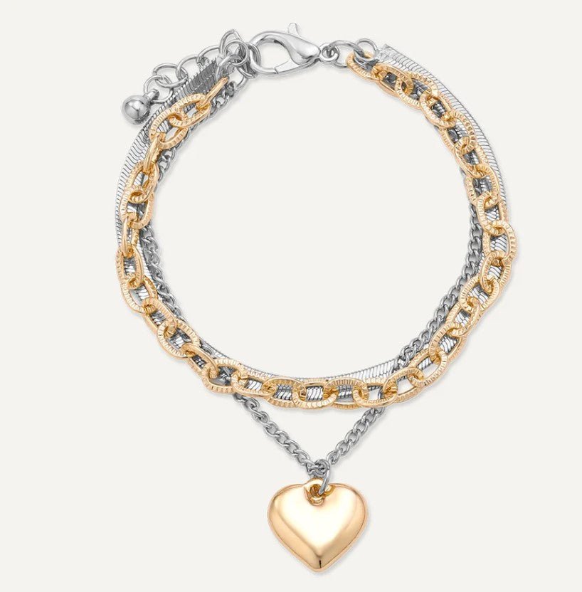 Silver and Gold Triple Layer Bracelet with Heart Charm - Louise's Jewellery Box