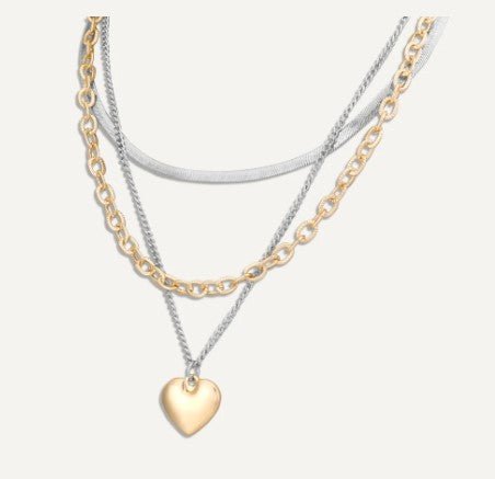 Silver and Gold Triple Layered Necklace with Heart Charm - Louise's Jewellery Box