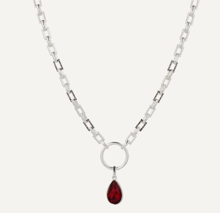 Silver Necklace with Hematite Crystal Accents and Red Crystal Pendant - SPECIAL PURCHASE!!! - Louise's Jewellery Box