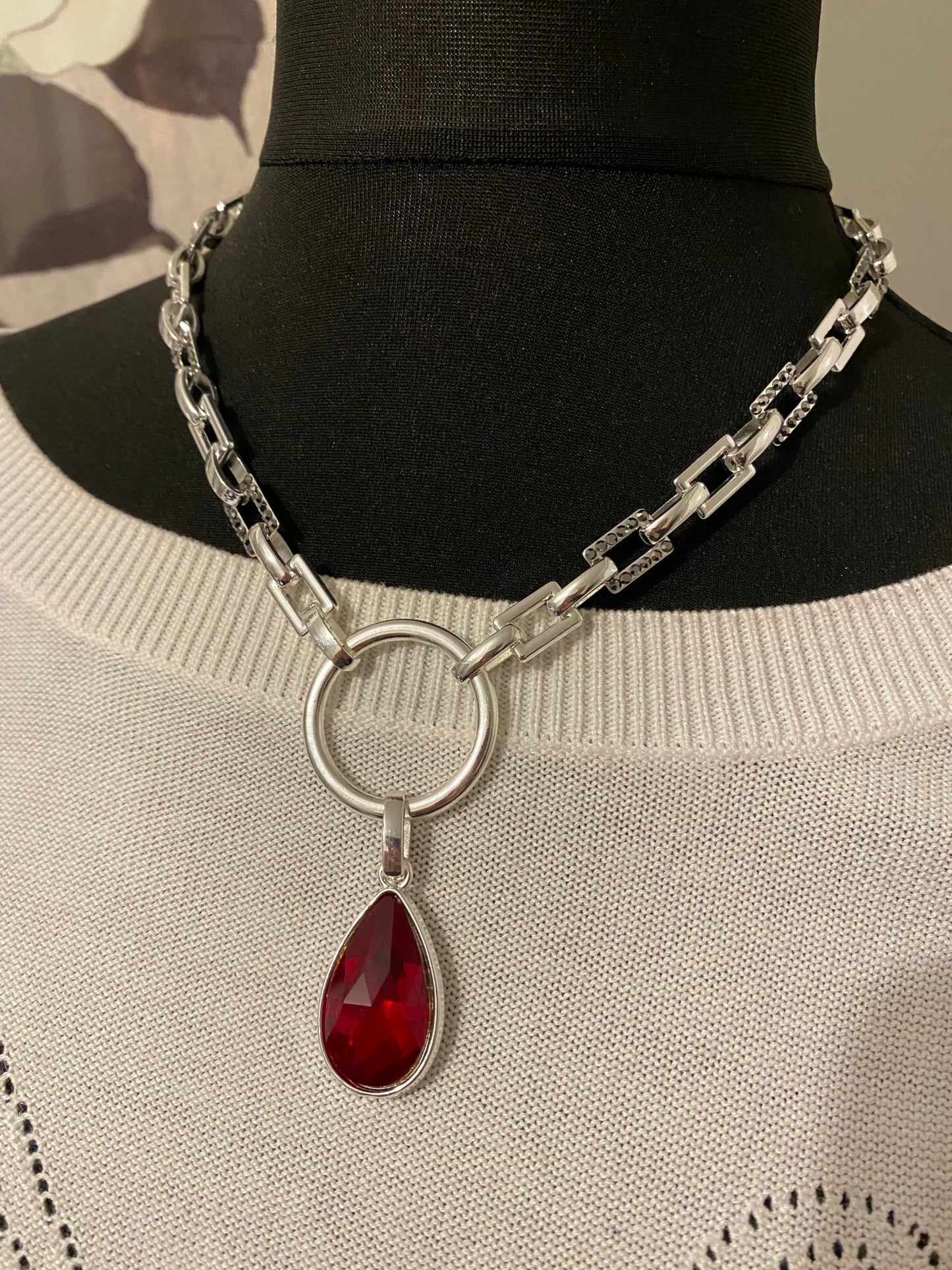 Silver Necklace with Hematite Crystal Accents and Red Crystal Pendant - SPECIAL PURCHASE!!! - Louise's Jewellery Box