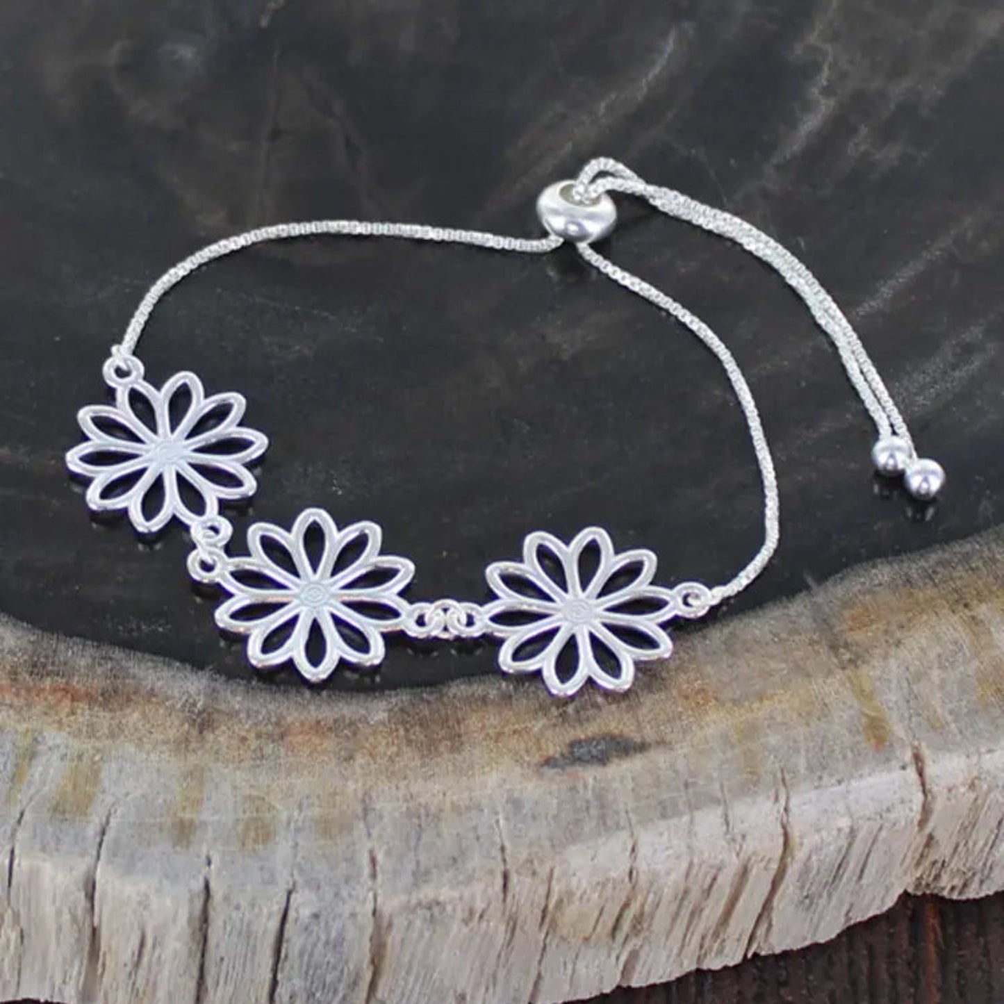 Silver Plated Toggle Fastening Flower Bracelet - Louise's Jewellery Box