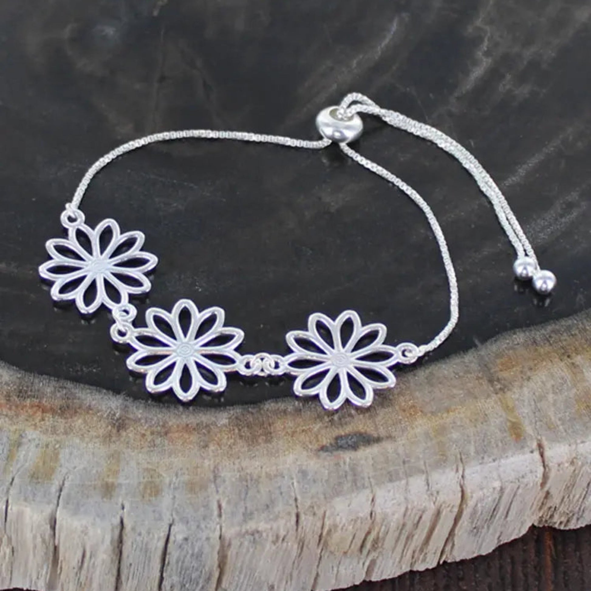 Silver Plated Toggle Fastening Flower Bracelet - Louise's Jewellery Box