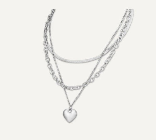Silver Triple Layered Necklace with Heart Charm - Louise's Jewellery Box