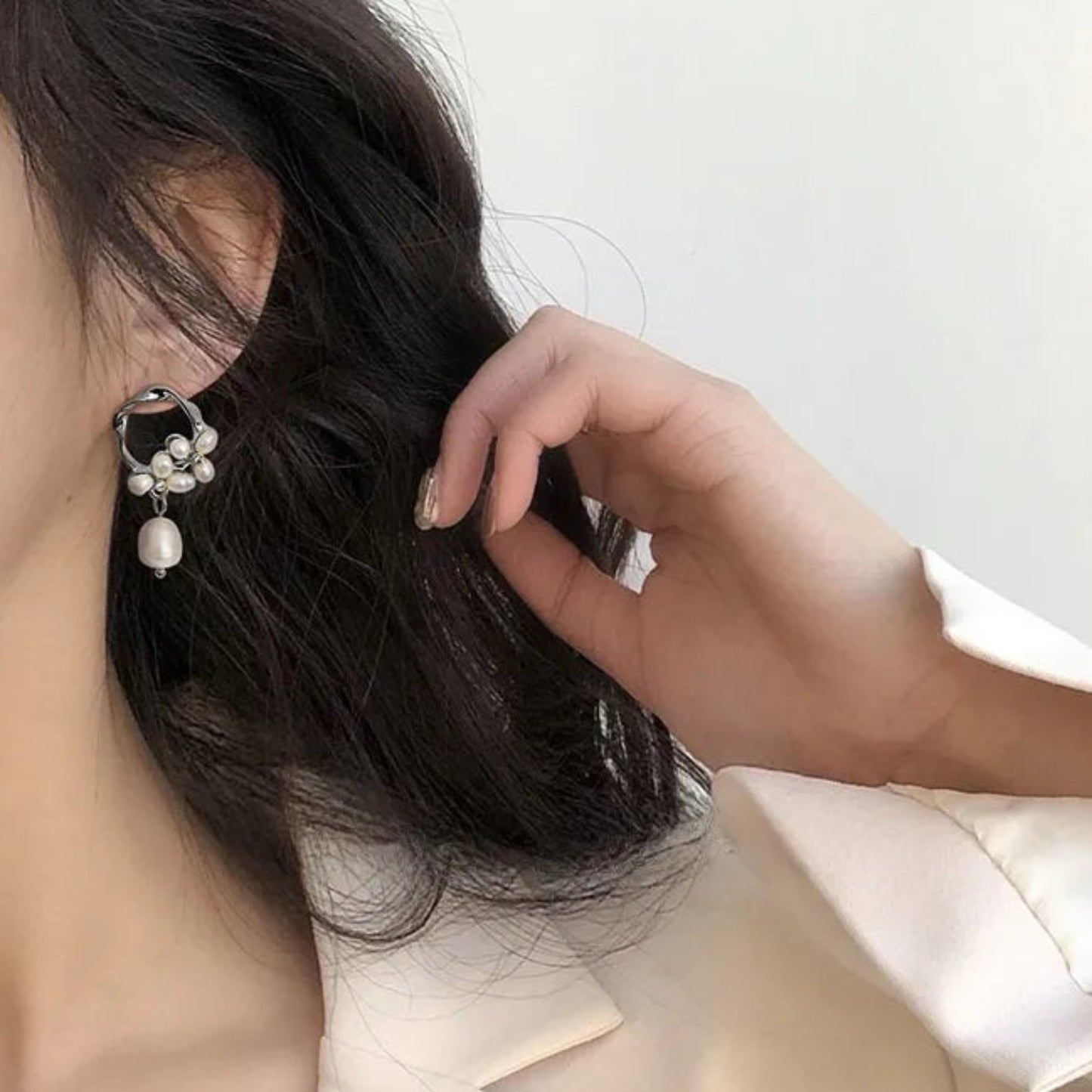 White Gold Plated Pearl Cluster Stud Earrings