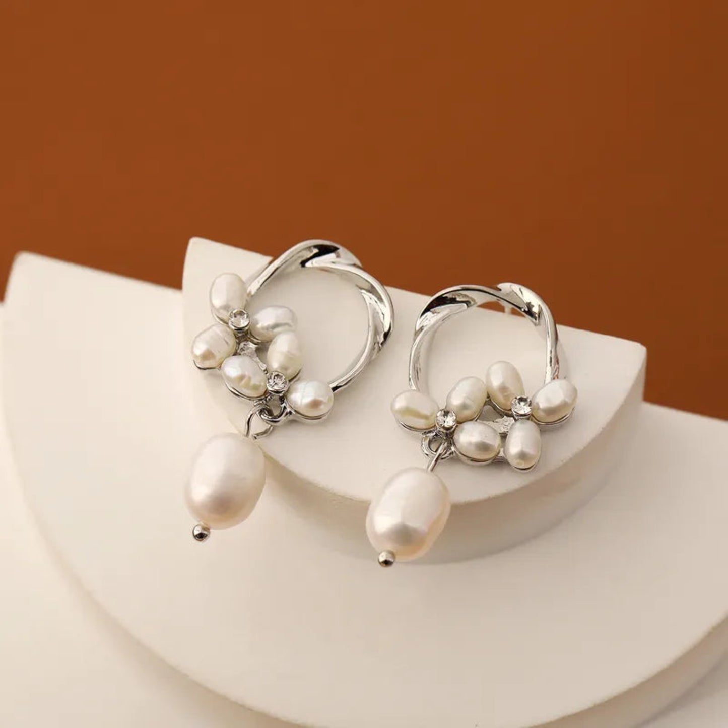 White Gold Plated Pearl Cluster Stud Earrings