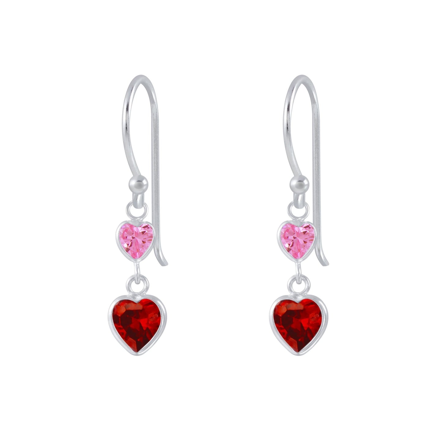 Sterling Silver Hook Earring with Red and Pink Crystal Hearts - Louise's Jewellery Box