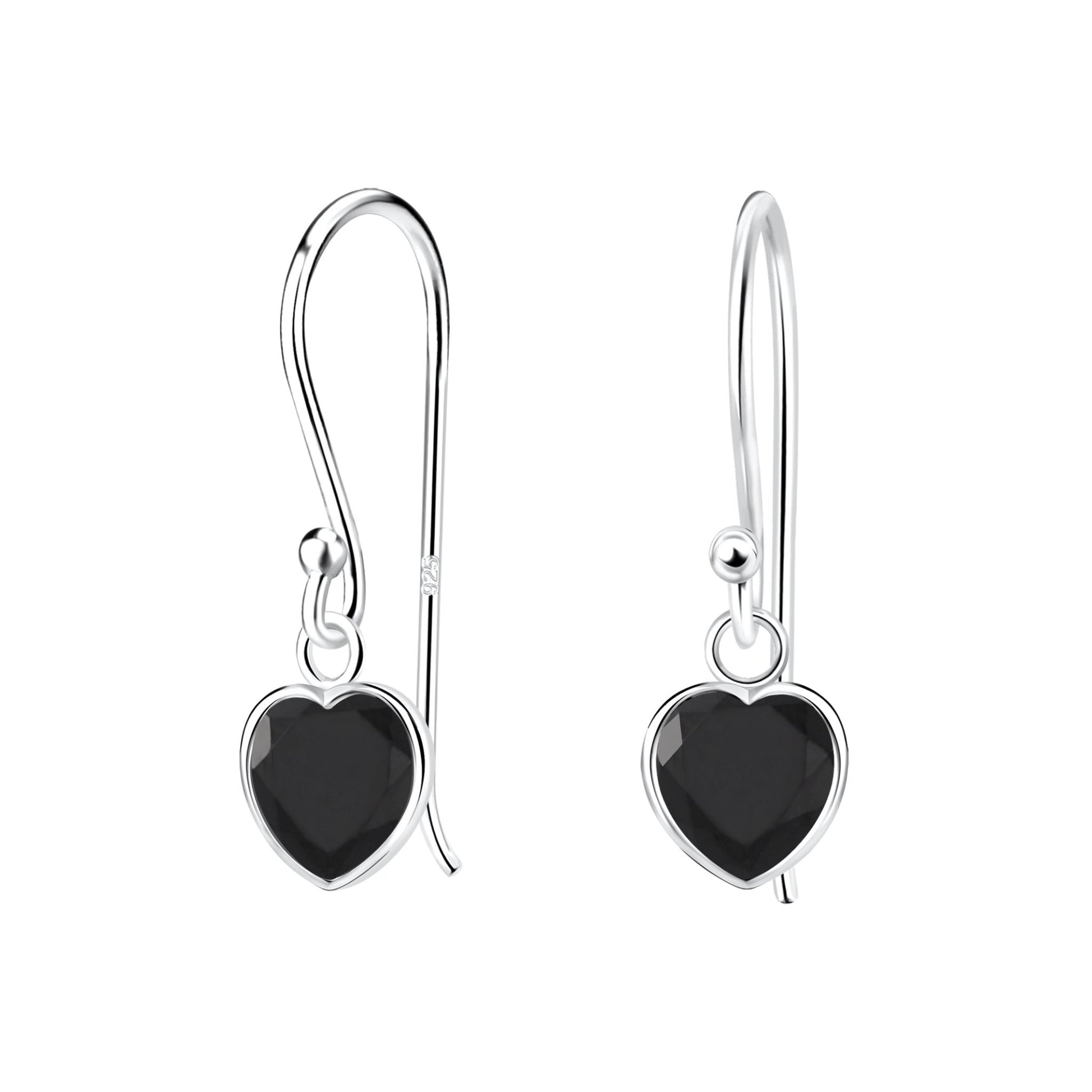 Sterling Silver Hook Earrings with Black Crystal Heart - Louise's Jewellery Box
