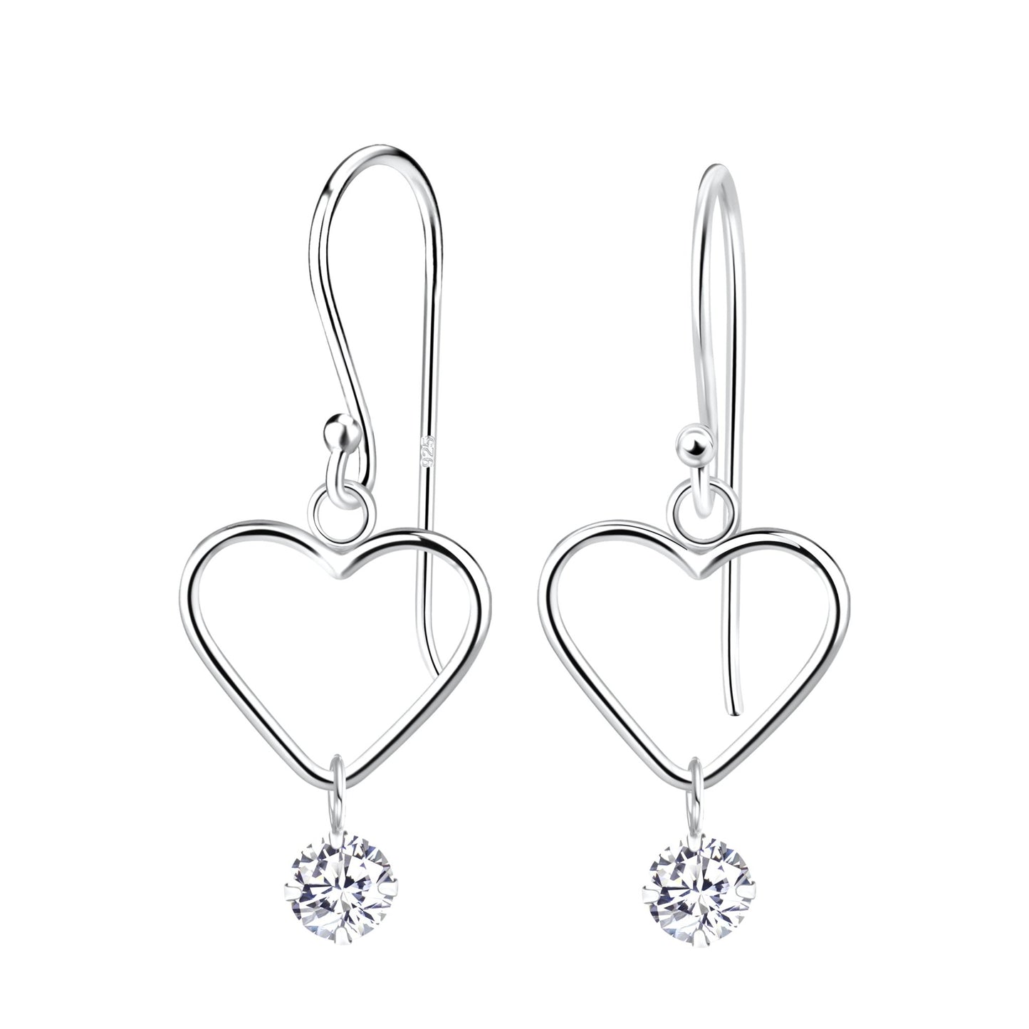 Sterling Silver Hook Earrings with Heart and Crystal - Louise's Jewellery Box