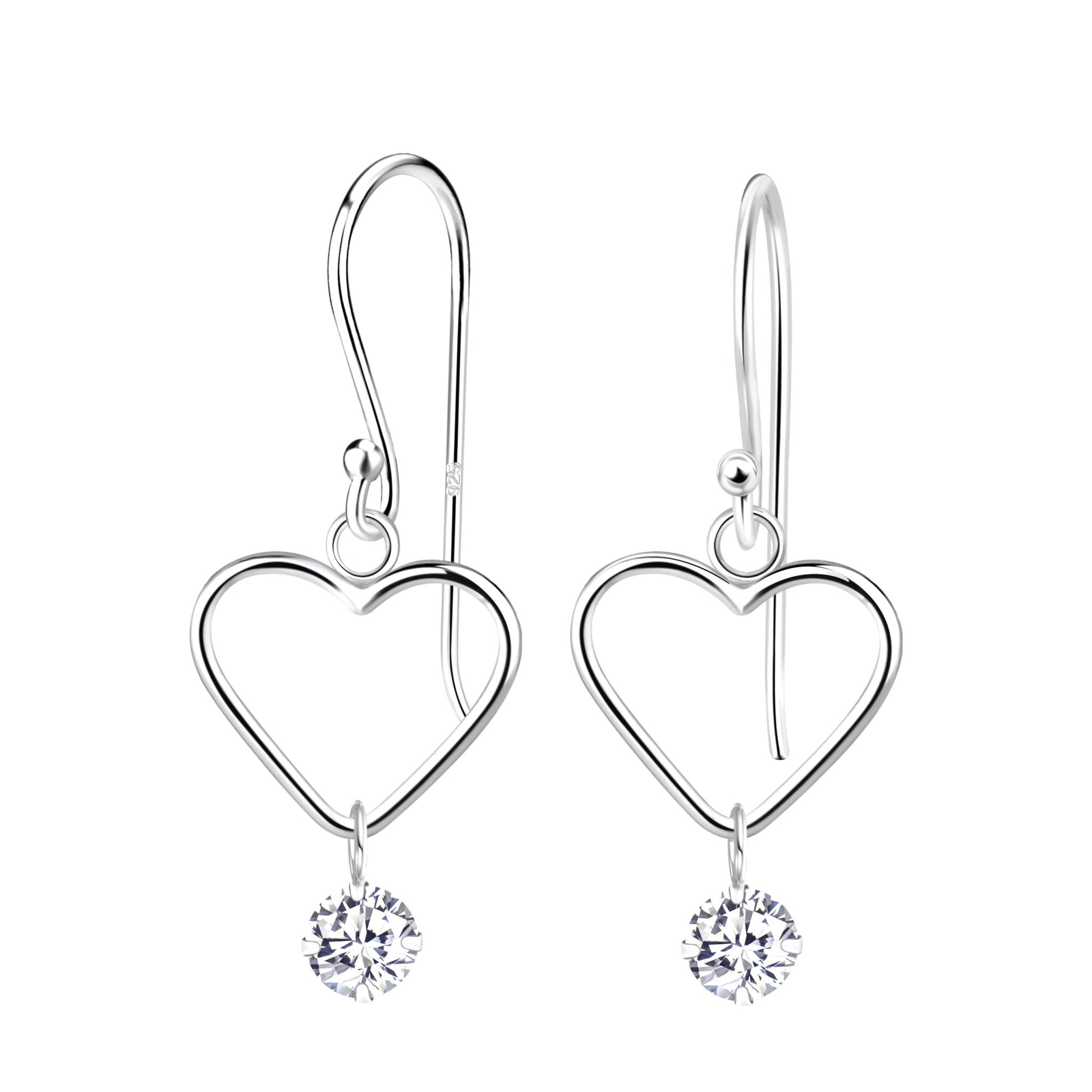 Sterling Silver Hook Earrings with Heart and Crystal - Louise's Jewellery Box