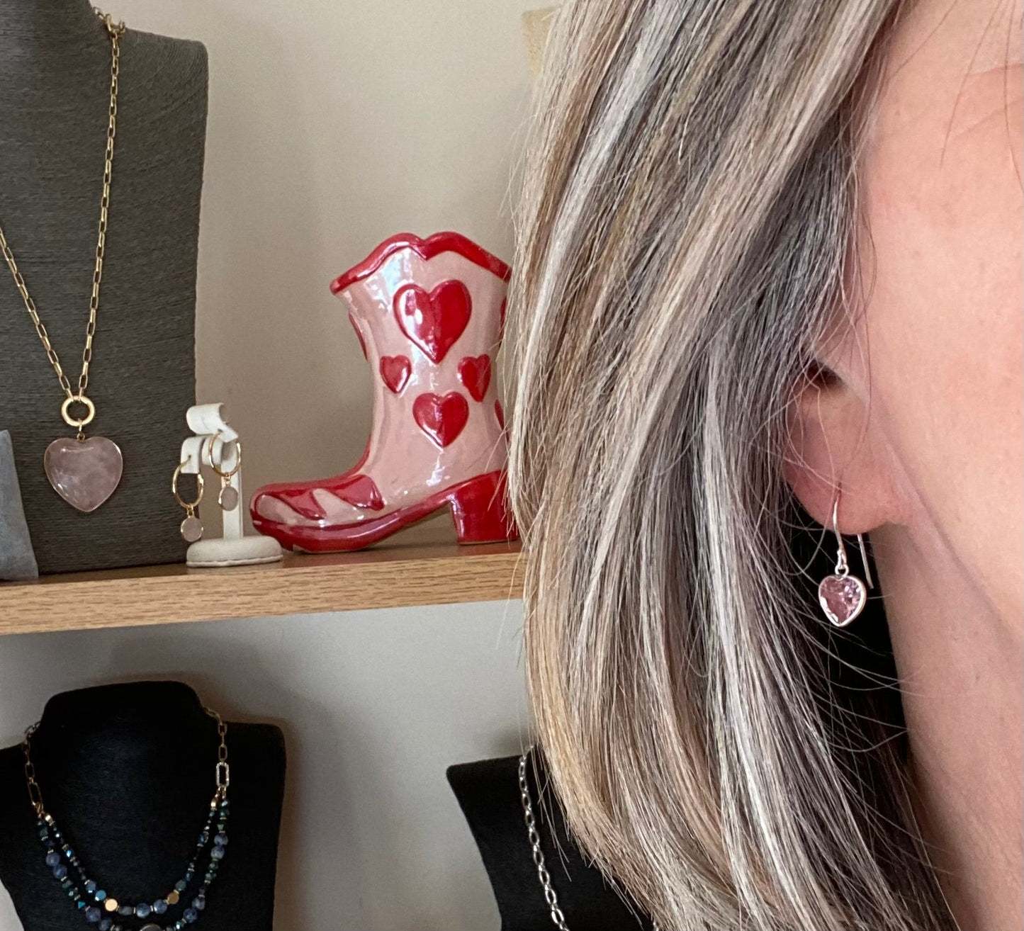 Sterling Silver Hook Earrings with Pink Crystal Heart - Louise's Jewellery Box