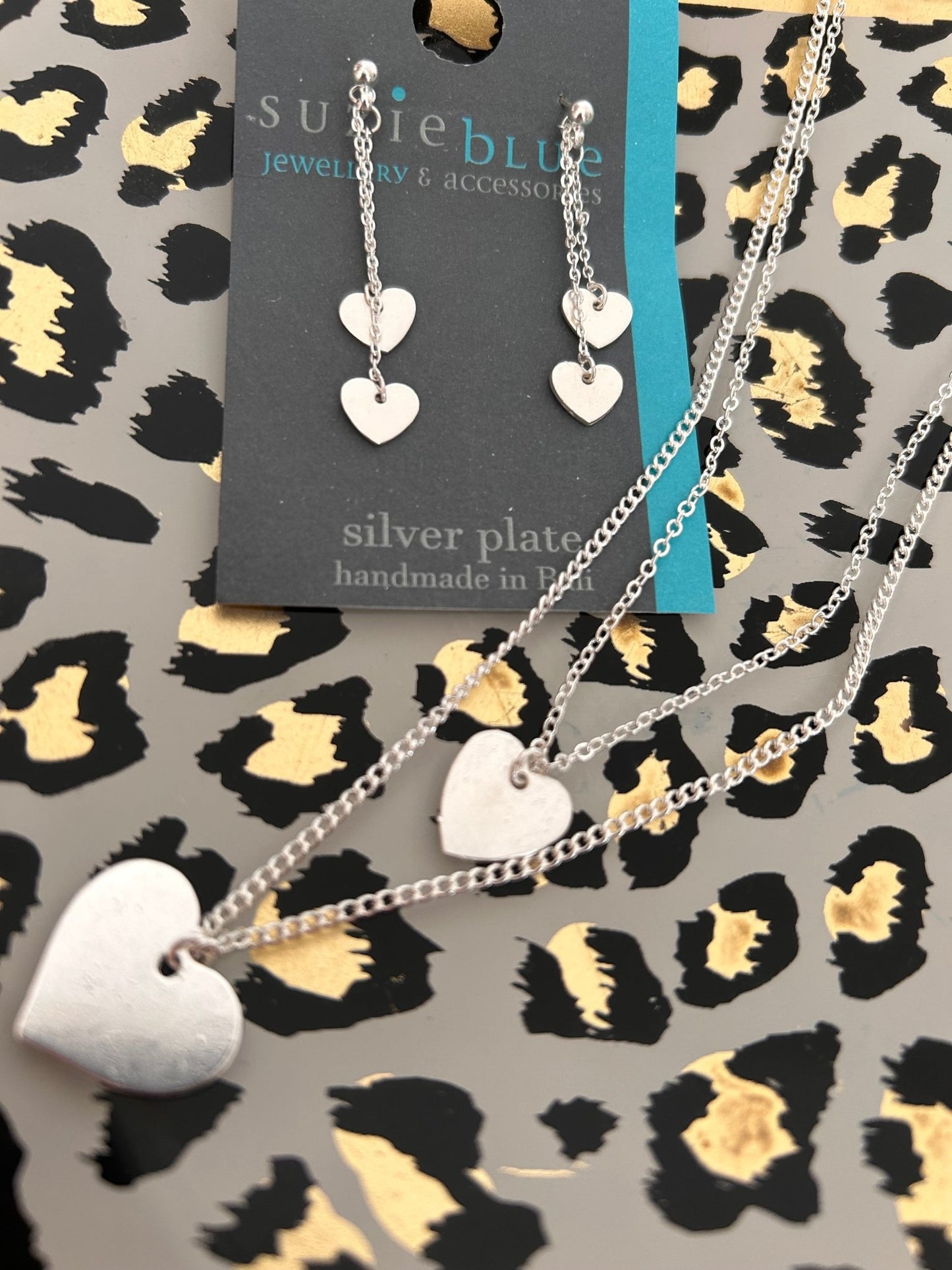 Suzie Blue Silver Plated Double Heart Necklace - Louise's Jewellery Box