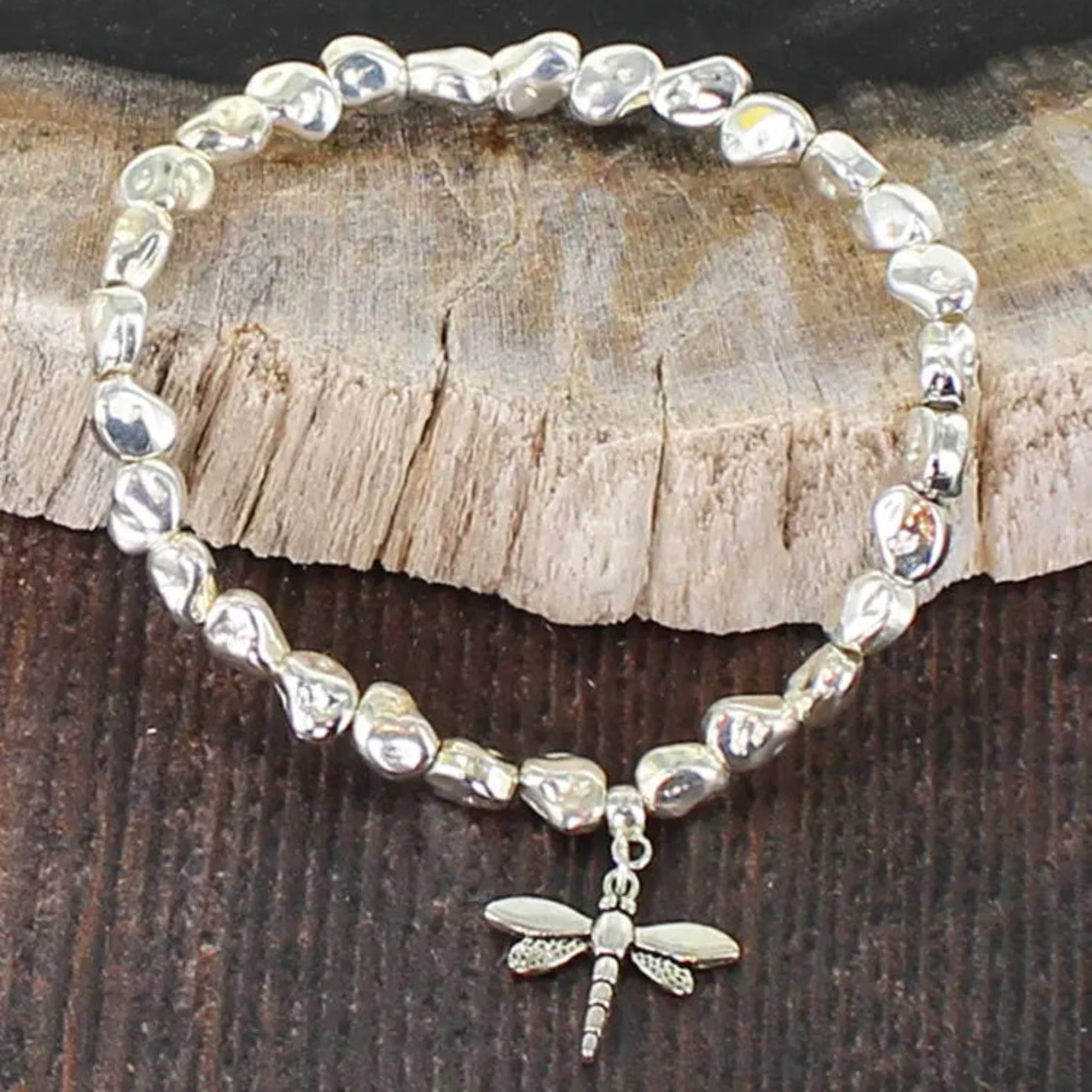 Suzie Blue Silver Plated Dragonfly Stretch Bracelet - Louise's Jewellery Box