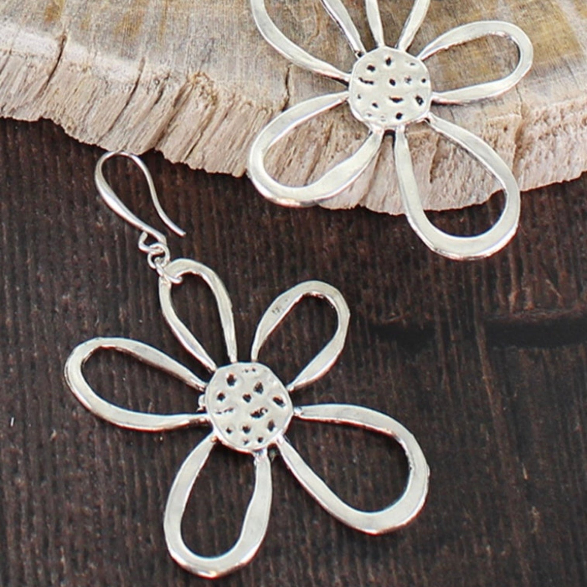 Suzie Blue Silver Plated Large Open Flower Earrings - Louise's Jewellery Box